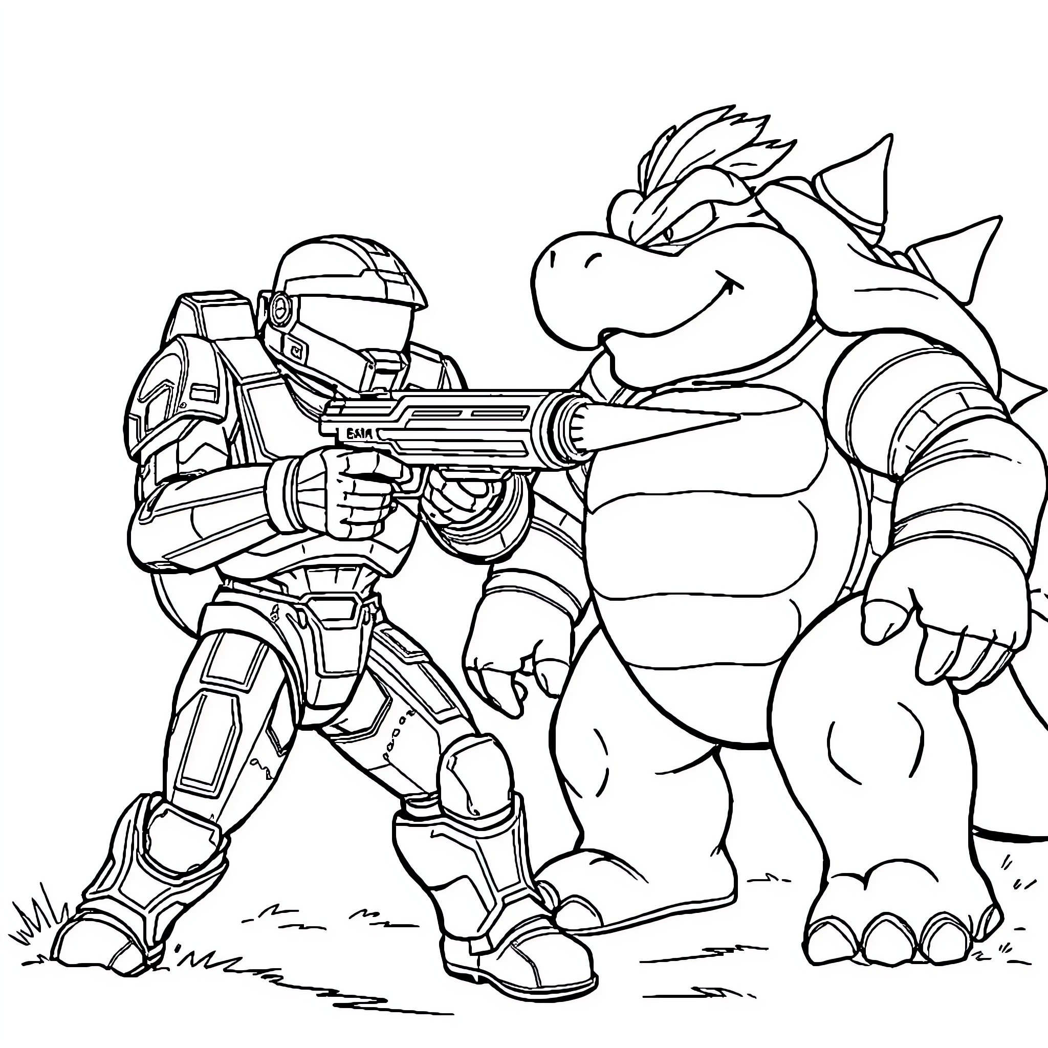 Masterchief confronting a fearsome foe in the field Coloring Page (free black-and-white line drawing printable PDF for all, from beginners to advanced learners, including children, teens, adults, and seniors)