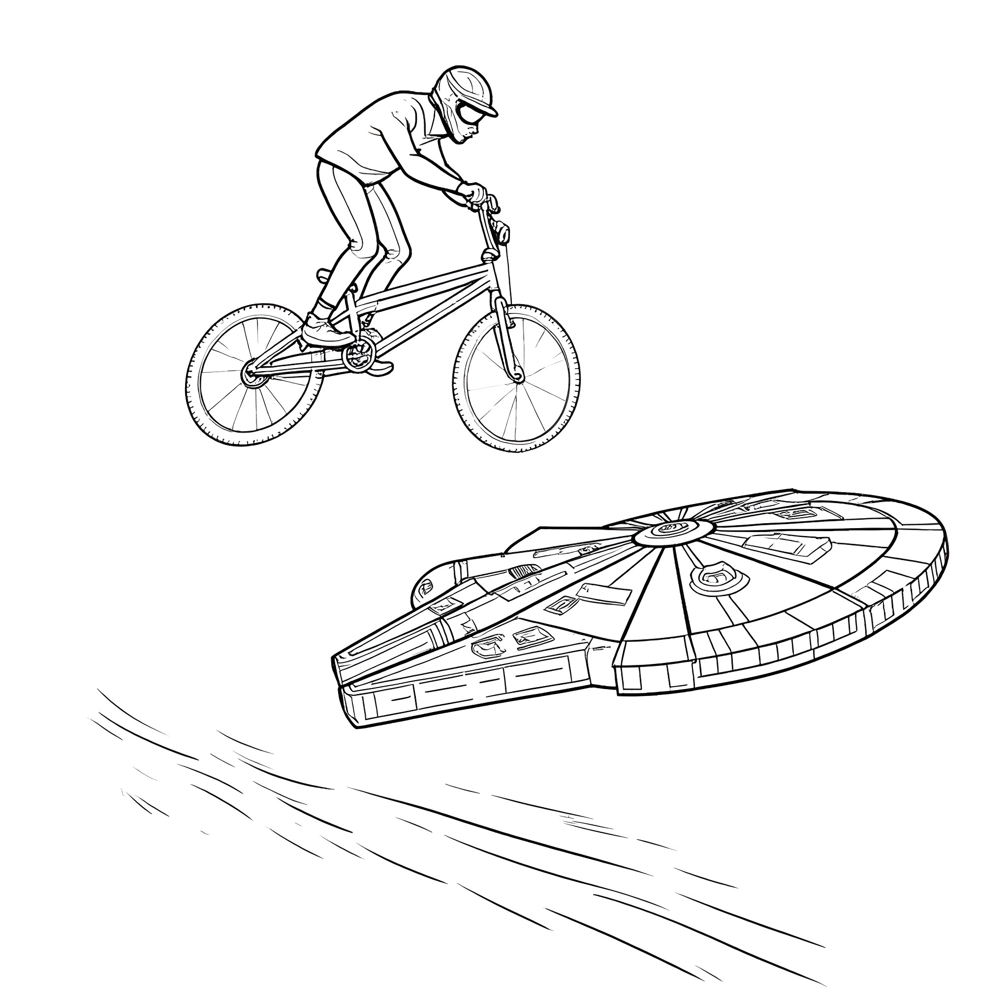 BMX Bike Rider Performing Stunts Coloring Page (free black-and-white line drawing printable PDF for all, from beginners to advanced learners, including children, teens, adults, and seniors)
