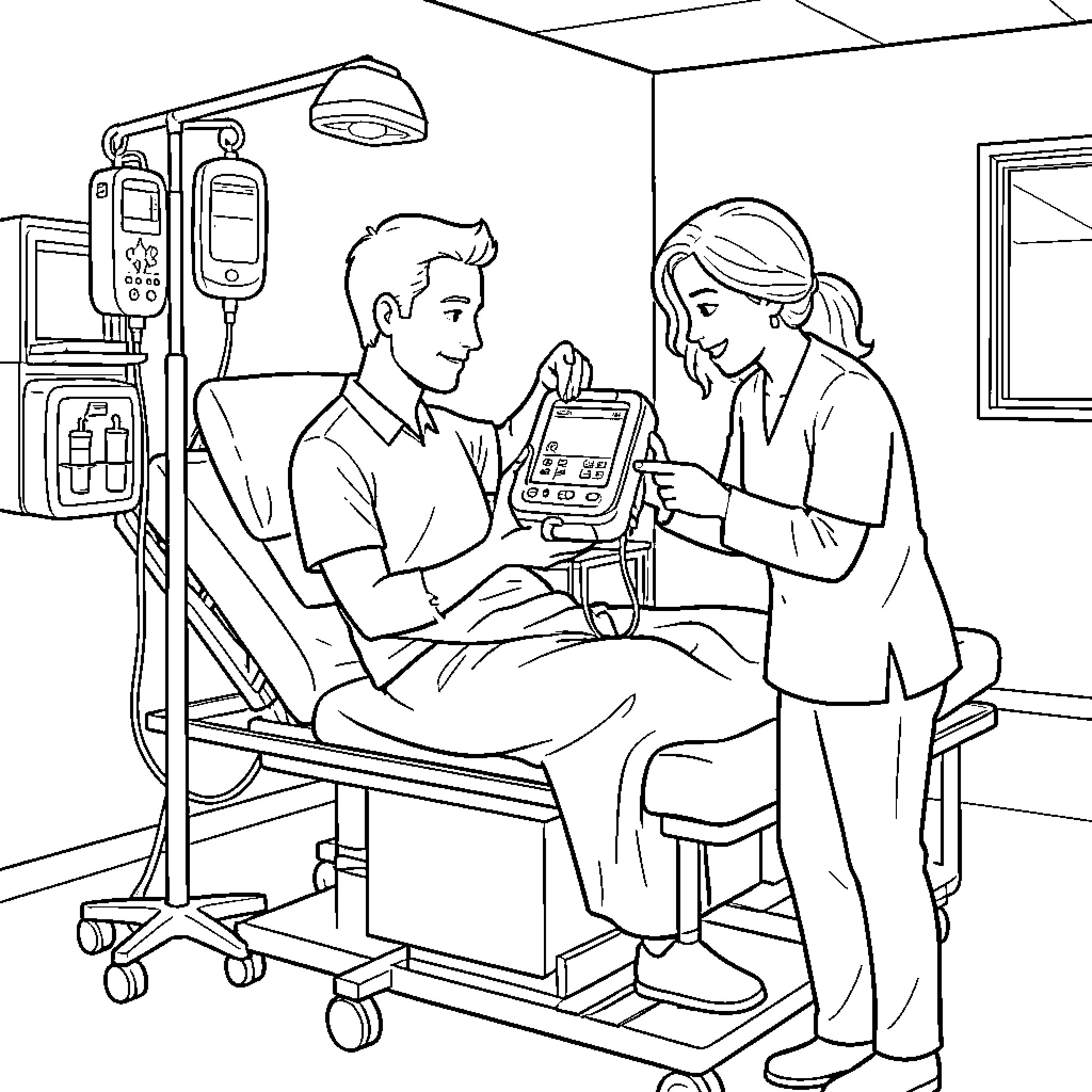 AED Demonstration in Medical Care Setting Coloring Page (free black-and-white line drawing printable PDF for all, from beginners to advanced learners, including children, teens, adults, and seniors)