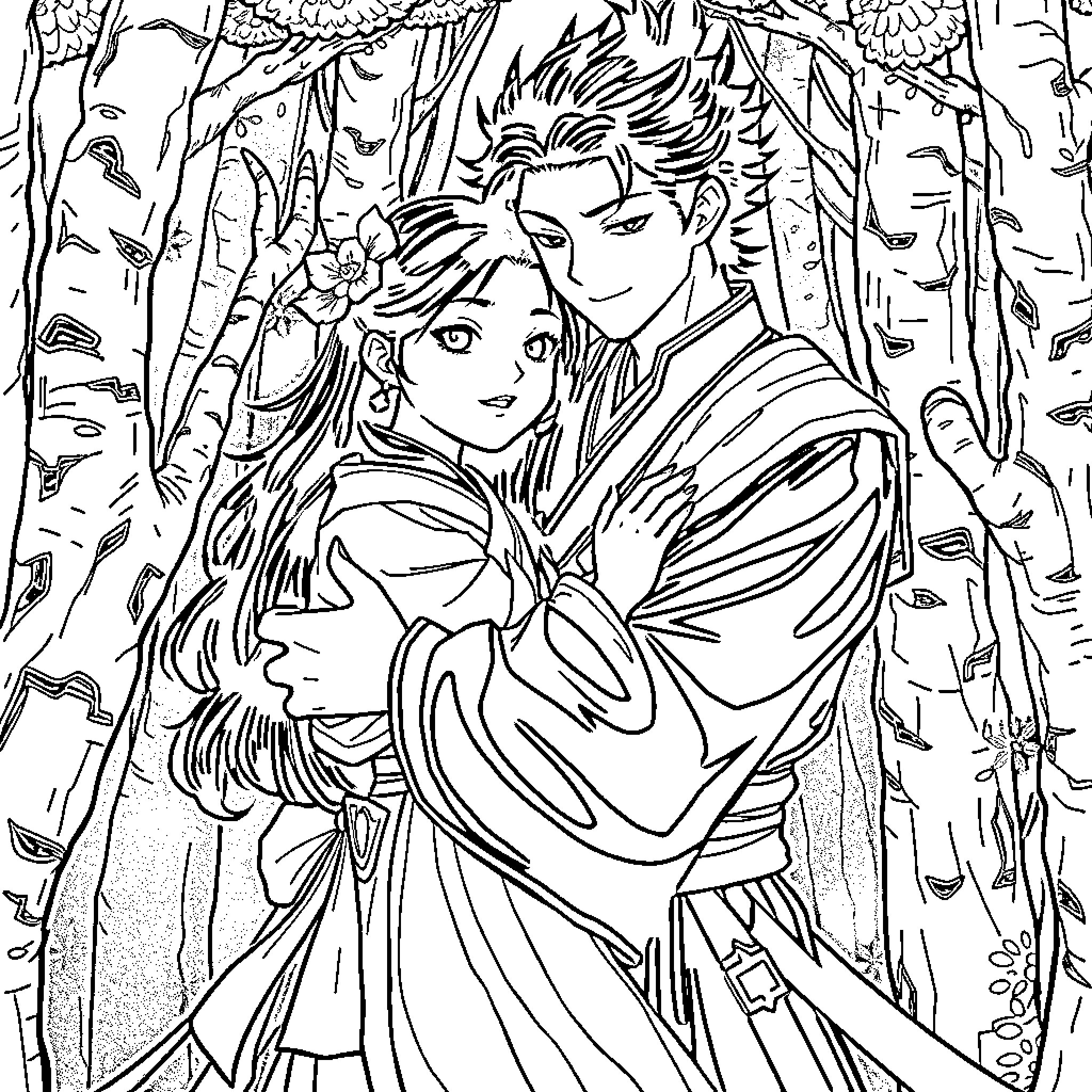 Tanjiro and Nezuko embracing in the forest Coloring Page (free black-and-white line drawing printable PDF for all, from beginners to advanced learners, including children, teens, adults, and seniors)