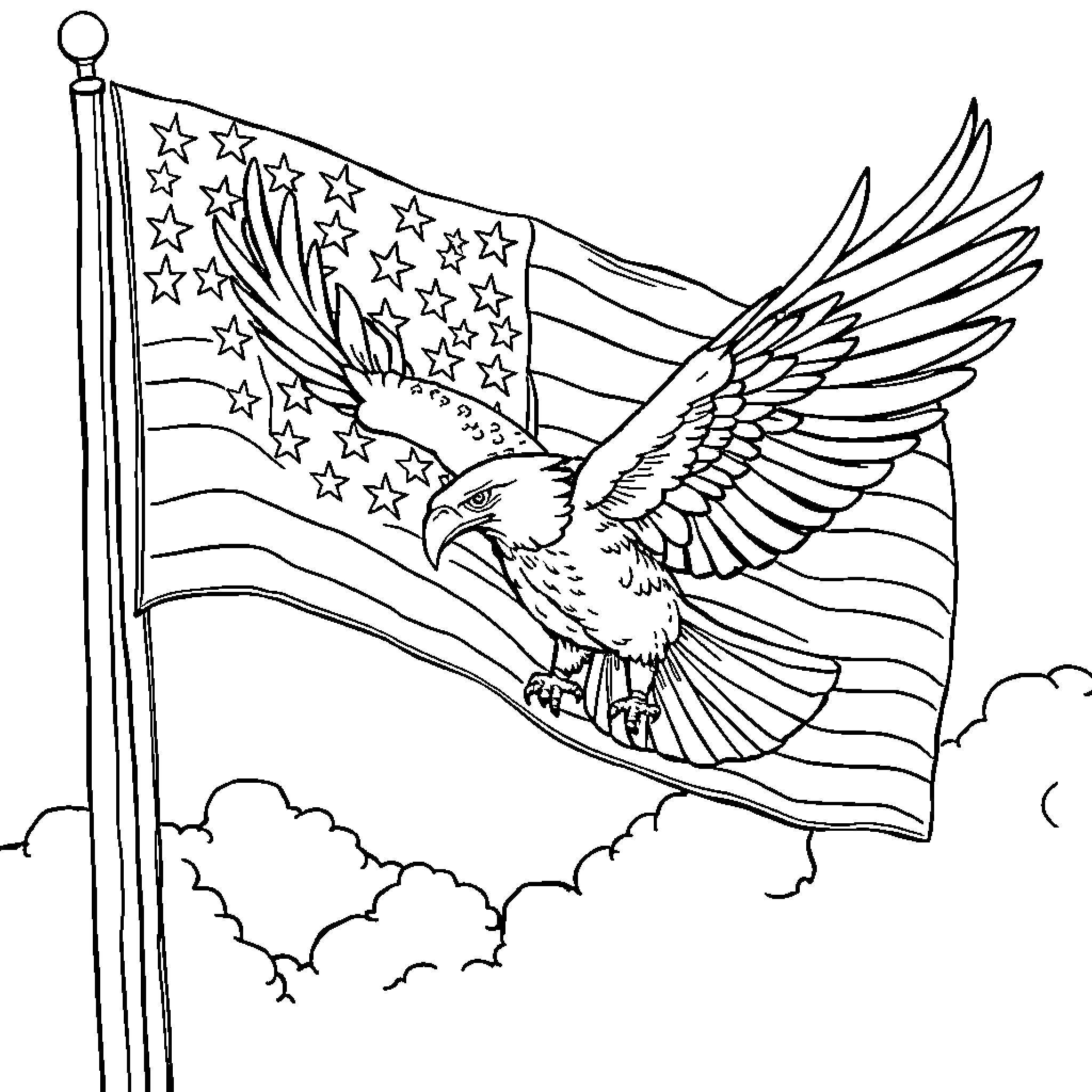 Eagle soaring with American flag in the sky Coloring Page (free black-and-white line drawing printable PDF for all, from beginners to advanced learners, including children, teens, adults, and seniors)