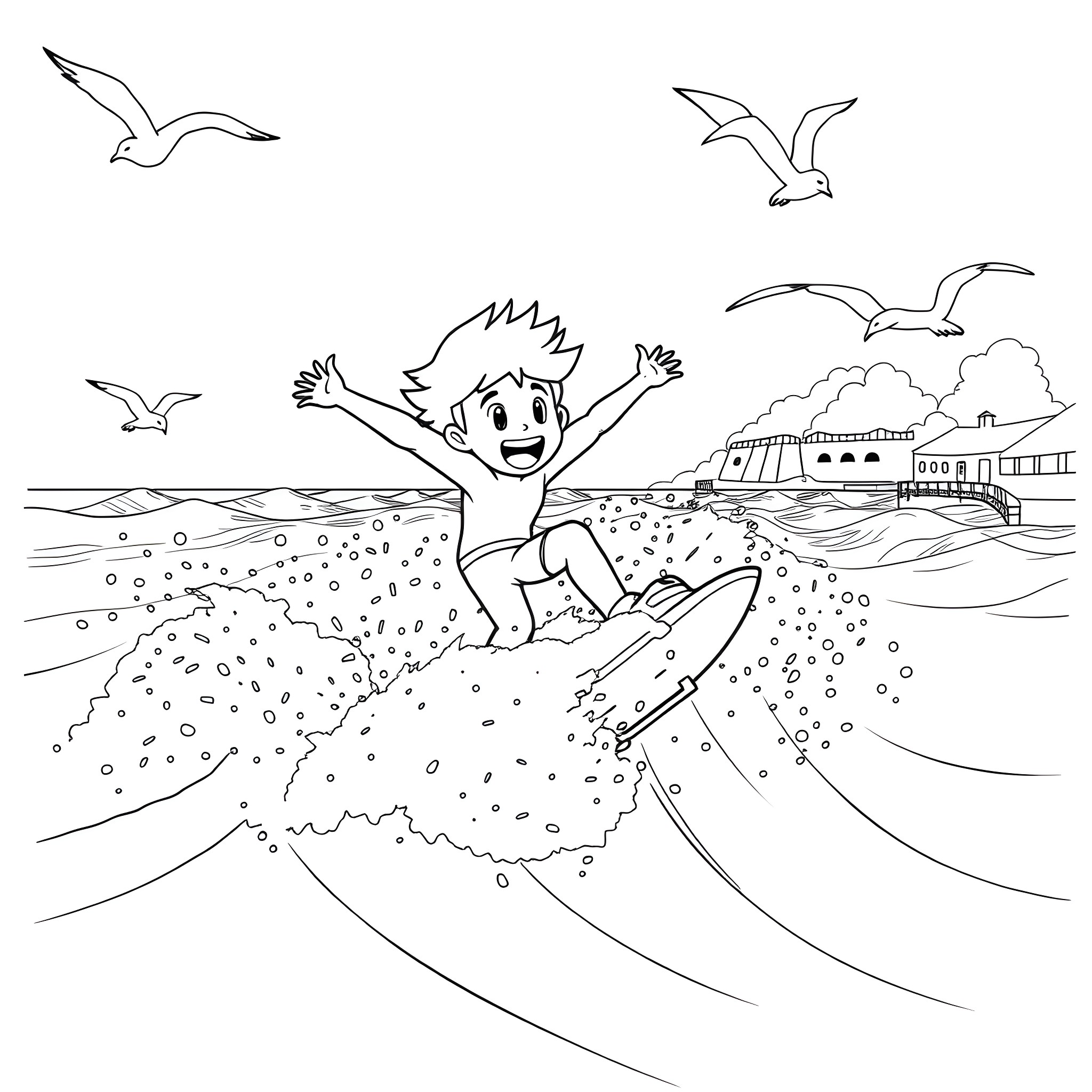 Steven Universe surfing on the beach with seagulls Coloring Page (free black-and-white line drawing printable PDF for all, from beginners to advanced learners, including children, teens, adults, and seniors)