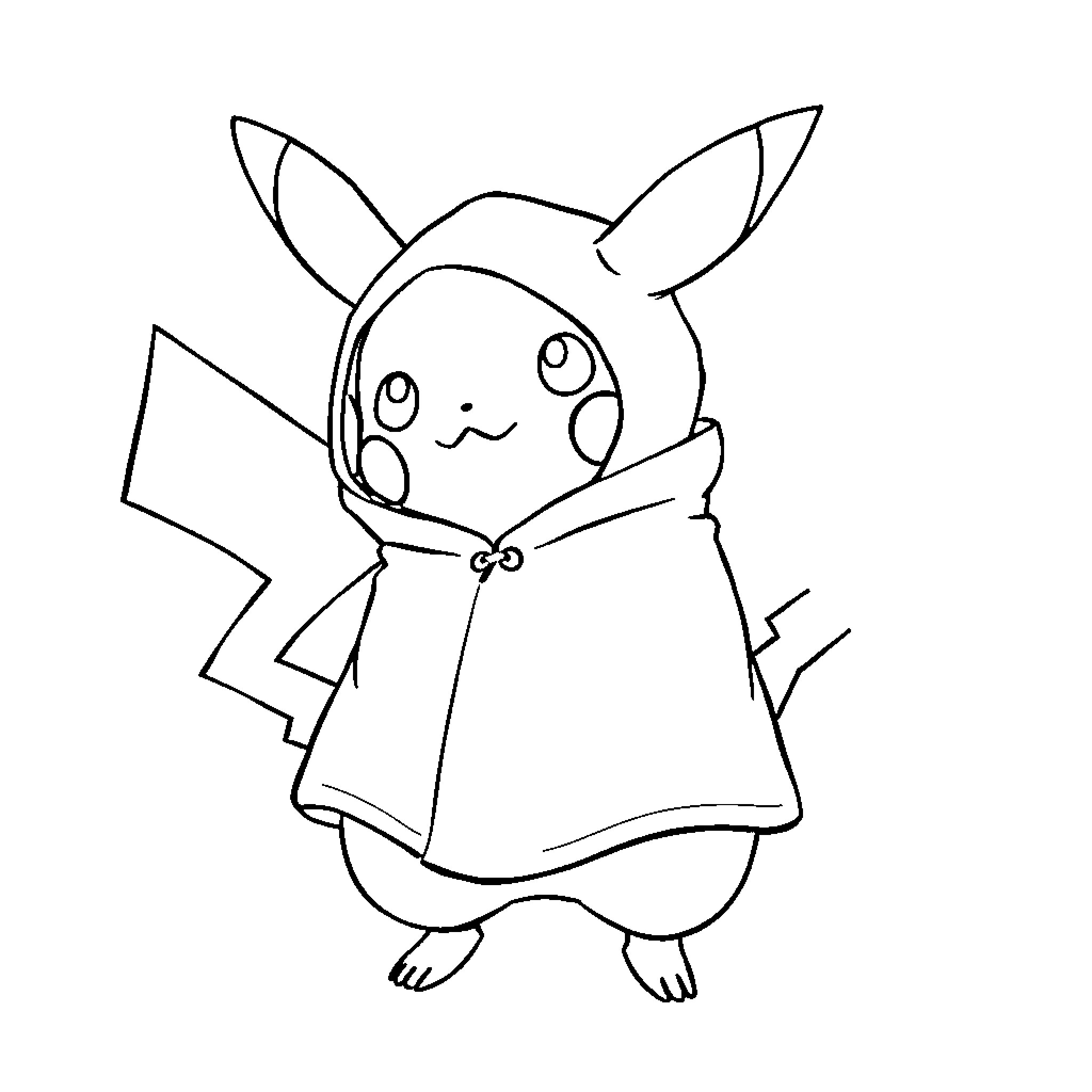 Pikachu wearing a cloak with a curious expression Coloring Page (free black-and-white line drawing printable PDF for all, from beginners to advanced learners, including children, teens, adults, and seniors)