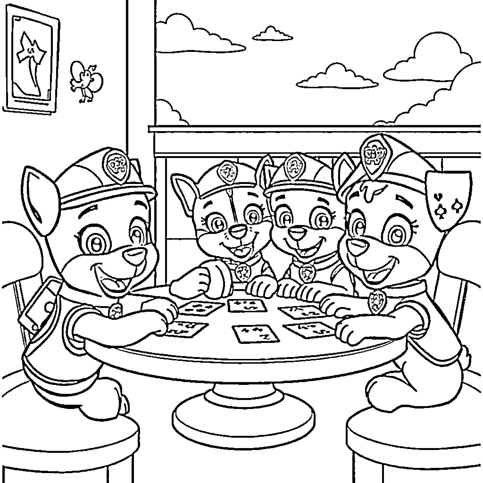 Paw Patrol Puppies Playing Cards Together Coloring Page (free black-and-white line drawing printable PDF for all, from beginners to advanced learners, including children, teens, adults, and seniors)