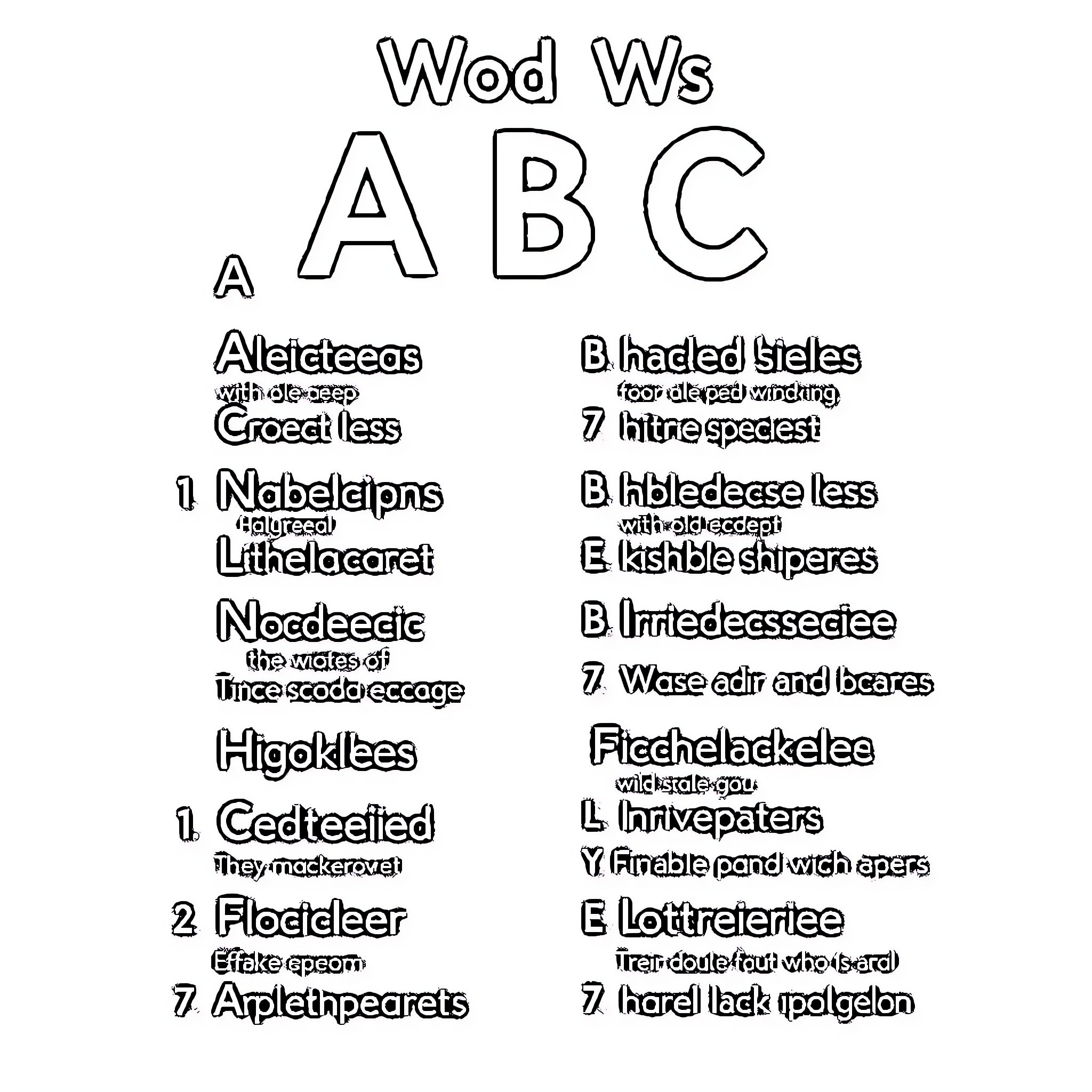 Words related to WOD W's alphabet Coloring Page (free black-and-white line drawing printable PDF for all, from beginners to advanced learners, including children, teens, adults, and seniors)