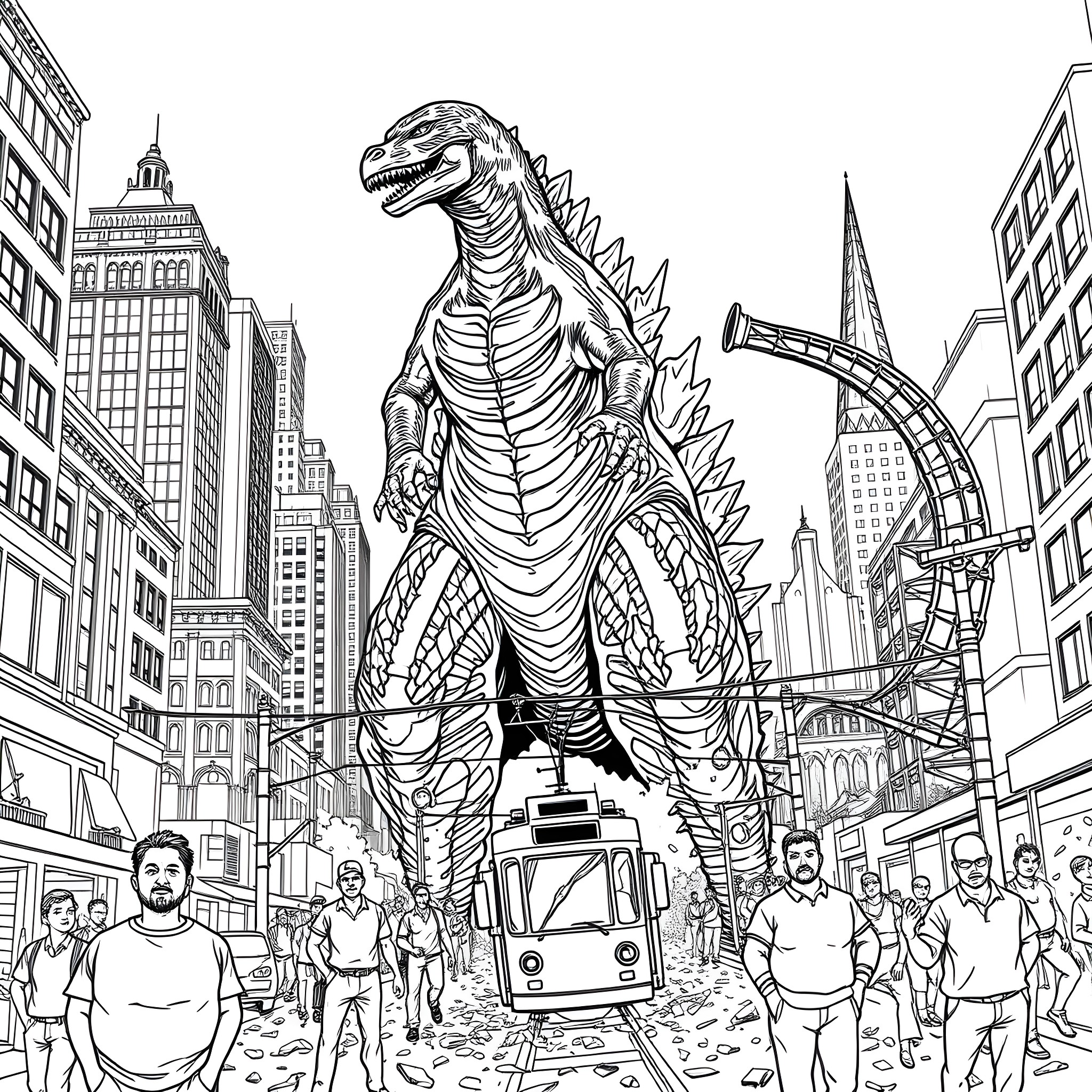 Godzilla rampaging through the city streets Coloring Page (free black-and-white line drawing printable PDF for all, from beginners to advanced learners, including children, teens, adults, and seniors)
