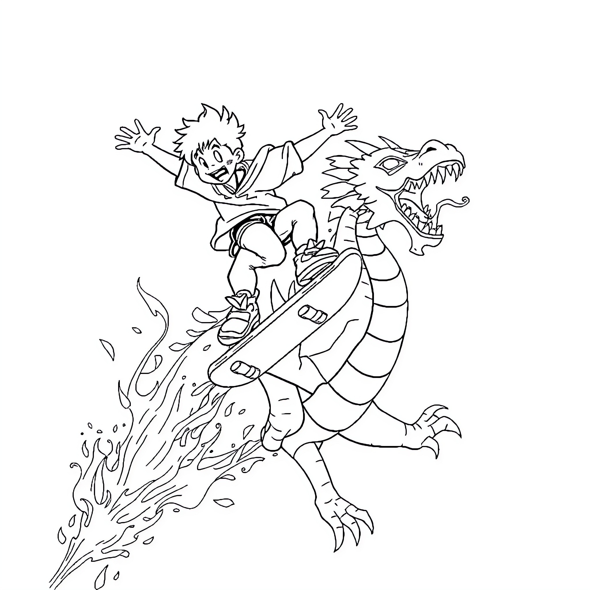 Enfant Riding Fearsome Dragon Coloring Page (free black-and-white line drawing printable PDF for all, from beginners to advanced learners, including children, teens, adults, and seniors)