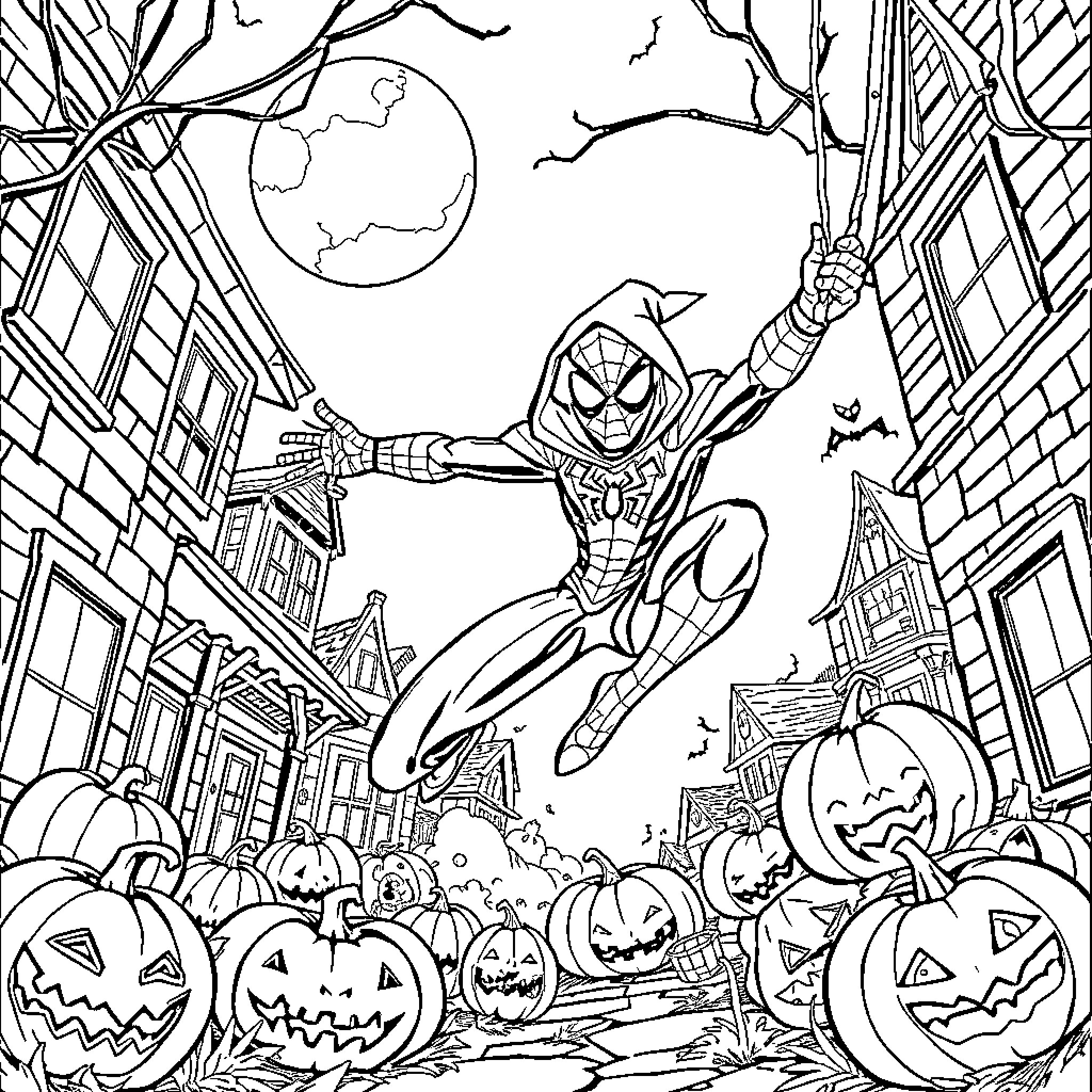 Spiderman swinging through a Halloween town Coloring Page (free black-and-white line drawing printable PDF for all, from beginners to advanced learners, including children, teens, adults, and seniors)