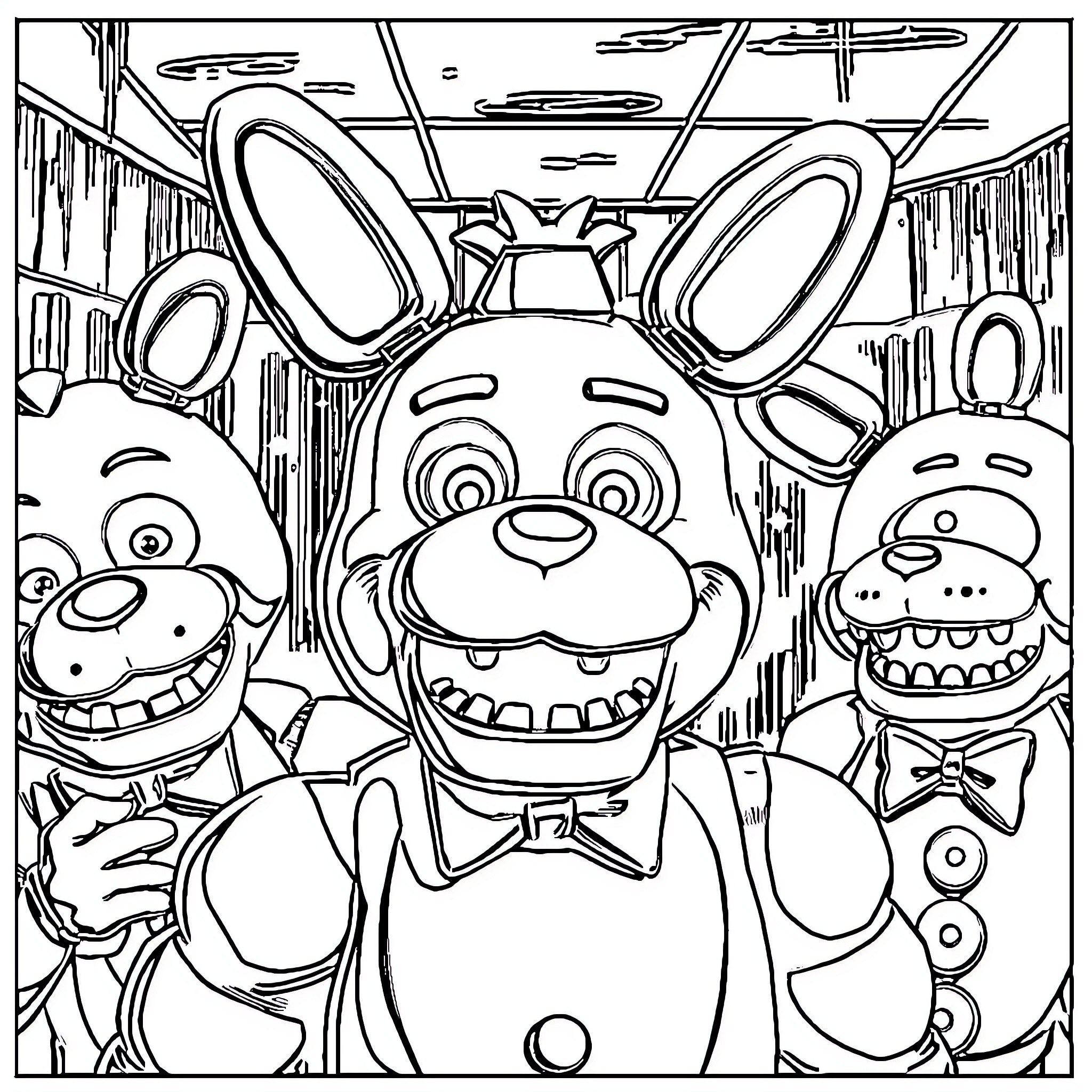 Five Nights At Freddy's Frightful Animatronics Gathering Coloring Page (free black-and-white line drawing printable PDF for all, from beginners to advanced learners, including children, teens, adults, and seniors)