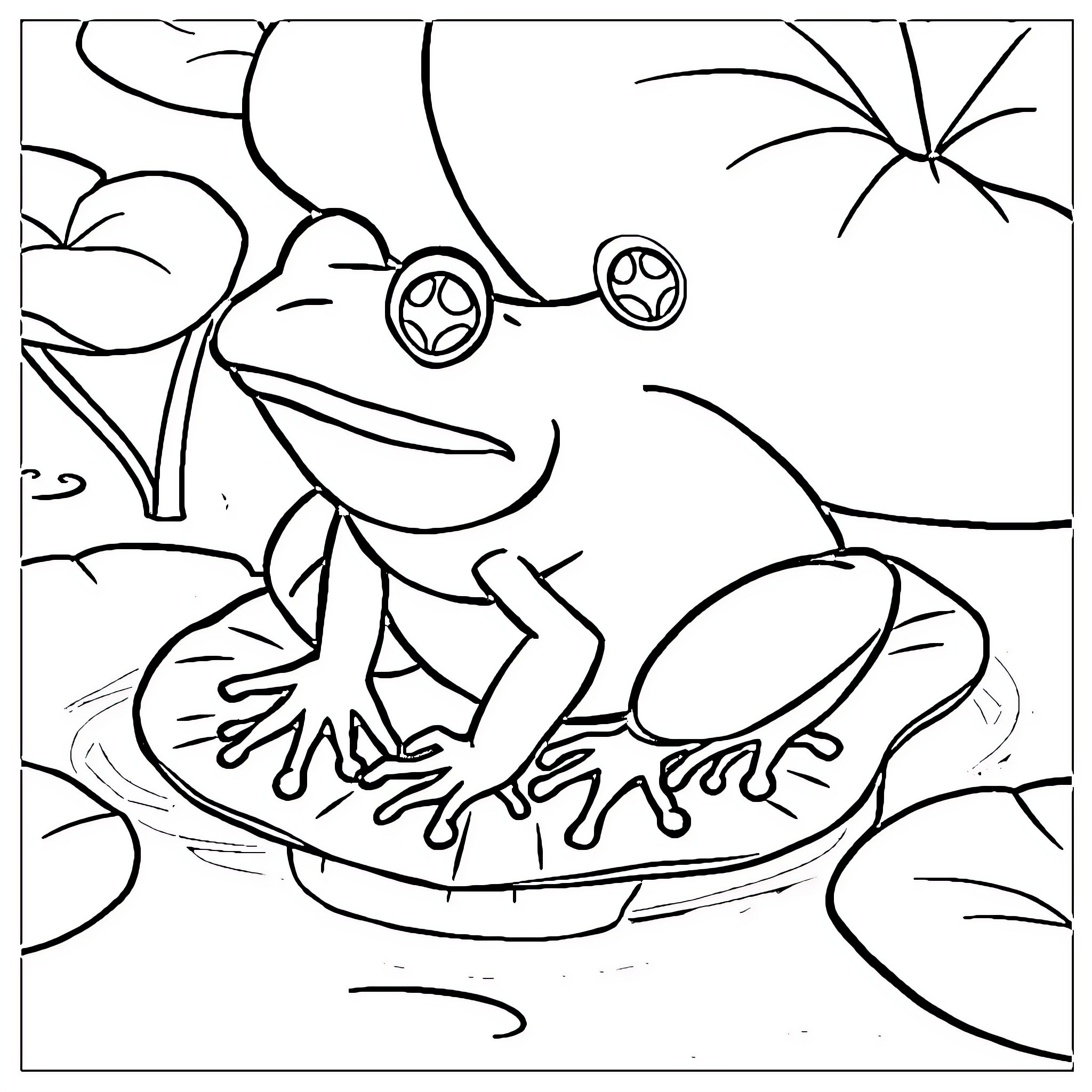Frog relaxing on leaf in nature Coloring Page (free black-and-white line drawing printable PDF for all, from beginners to advanced learners, including children, teens, adults, and seniors)