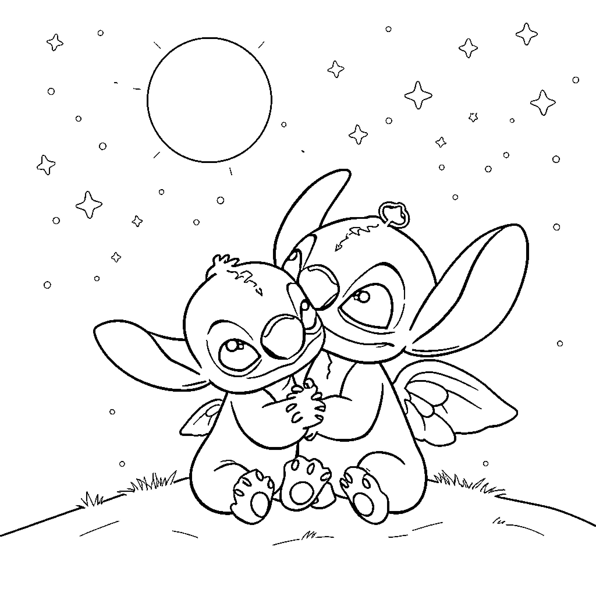 Stitch gazing up at the stars Coloring Page (free black-and-white line drawing printable PDF for all, from beginners to advanced learners, including children, teens, adults, and seniors)