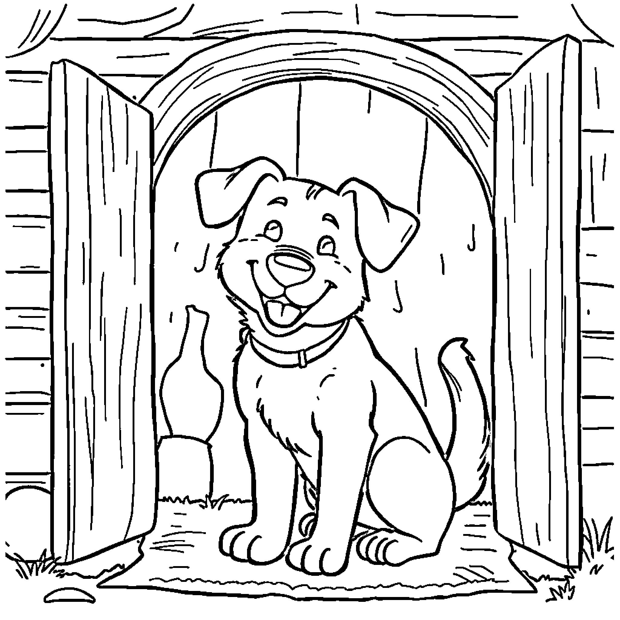 Dog sitting happily in the doorway Coloring Page (free black-and-white line drawing printable PDF for all, from beginners to advanced learners, including children, teens, adults, and seniors)