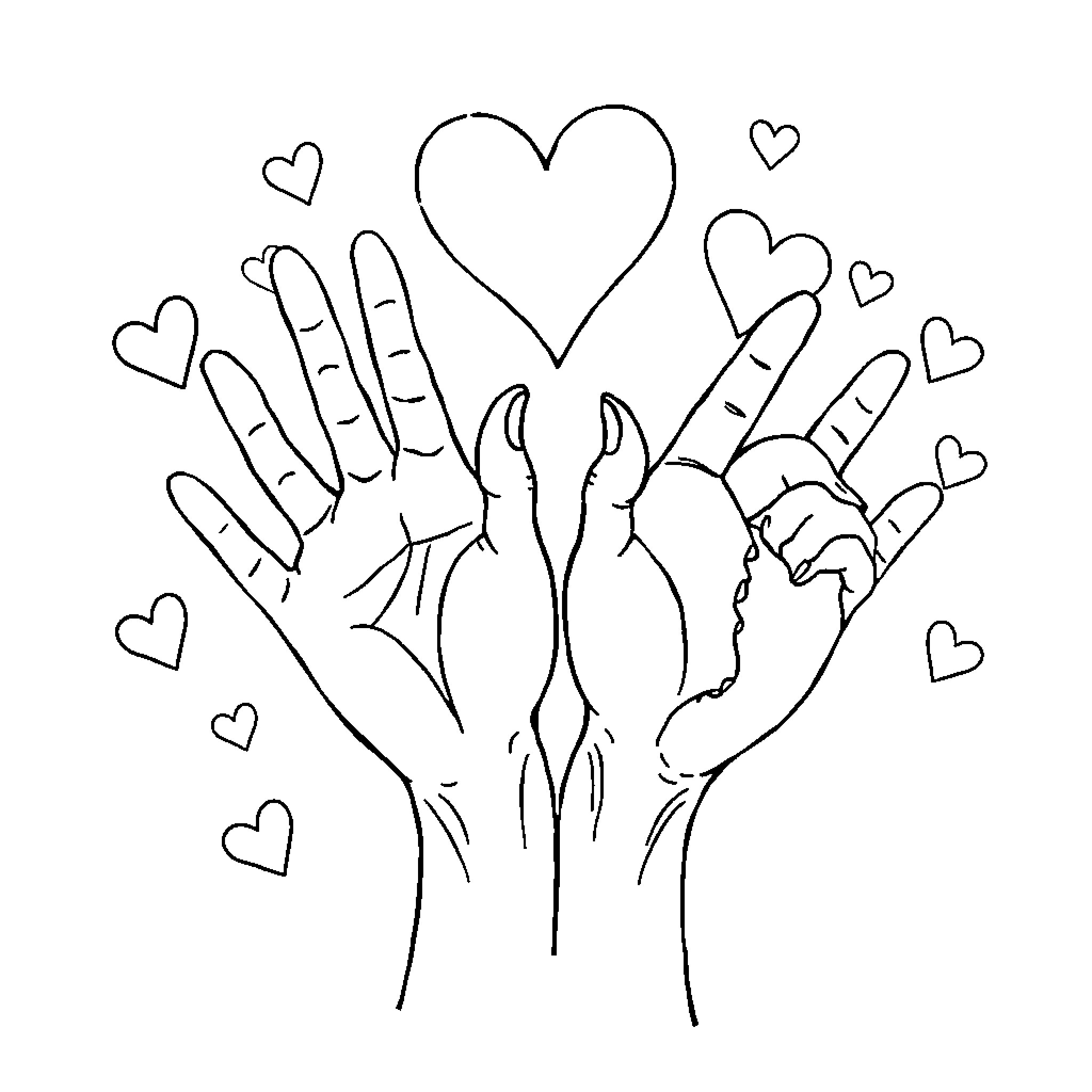 Body Part showing affection with hearts Coloring Page (free black-and-white line drawing printable PDF for all, from beginners to advanced learners, including children, teens, adults, and seniors)