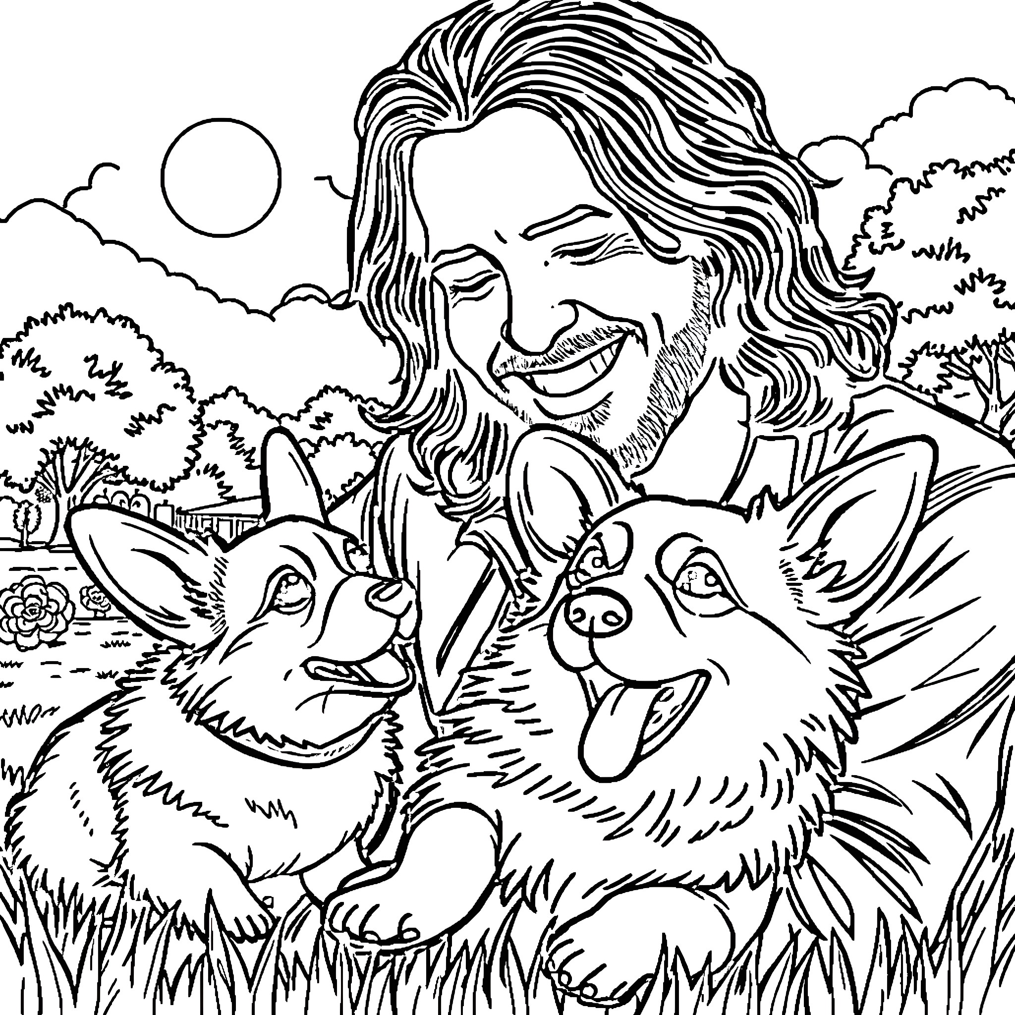 Eddie Vedder playfully interacting with adorable dogs in nature Coloring Page (free black-and-white line drawing printable PDF for all, from beginners to advanced learners, including children, teens, adults, and seniors)