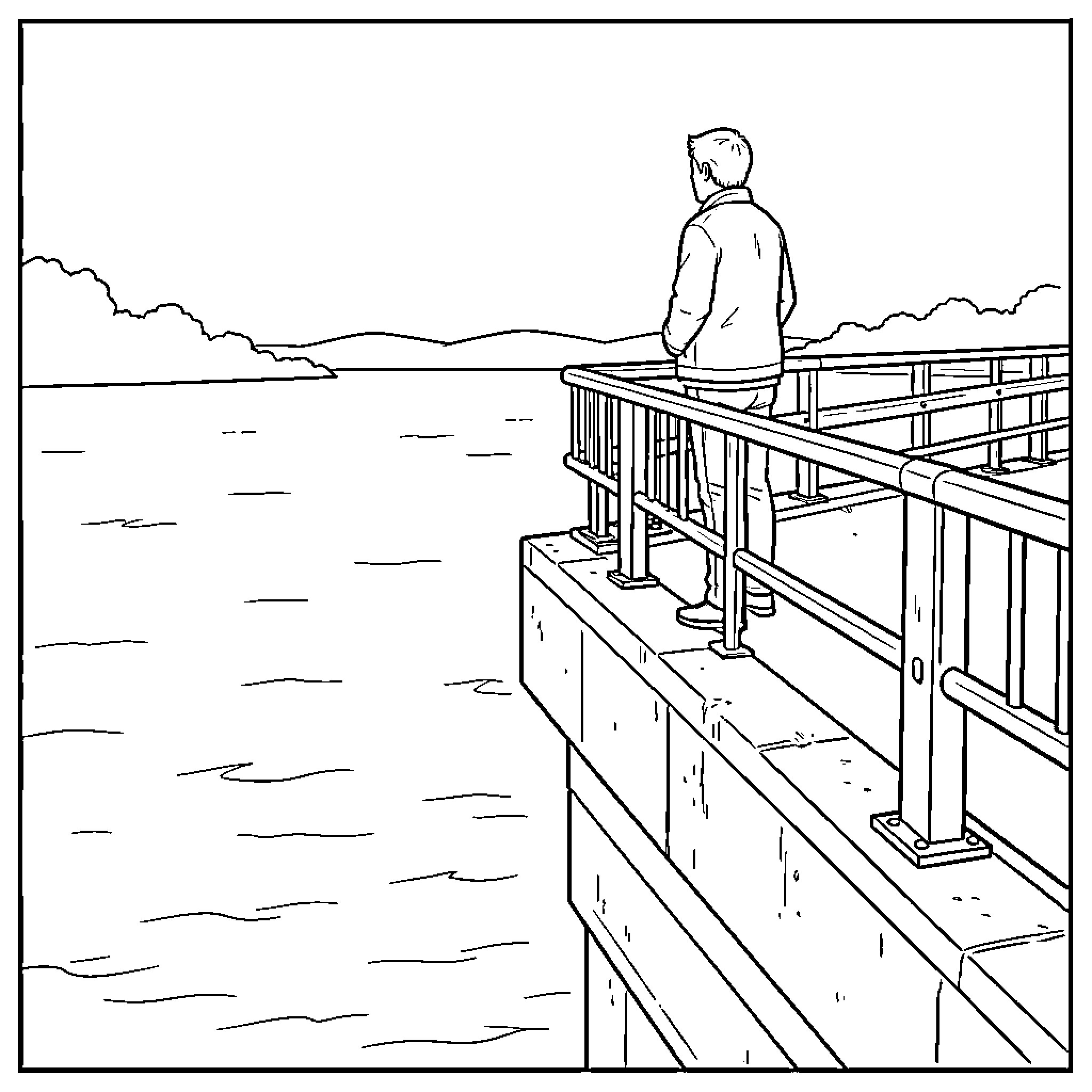 Person standing on a pier overlooking the water Coloring Page (free black-and-white line drawing printable PDF for all, from beginners to advanced learners, including children, teens, adults, and seniors)