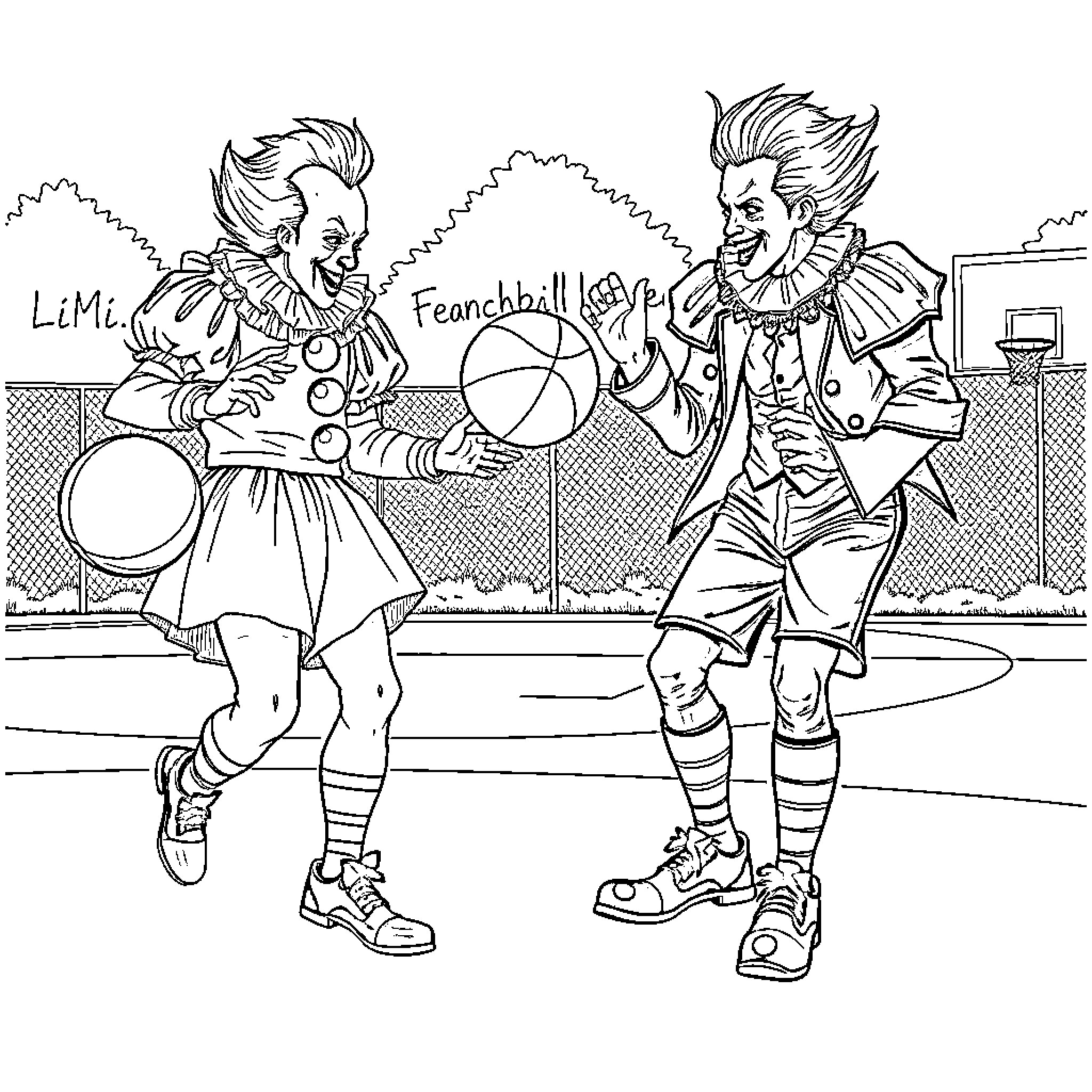 Pennywise Clowns Playing Basketball in the Playground Coloring Page (free black-and-white line drawing printable PDF for all, from beginners to advanced learners, including children, teens, adults, and seniors)