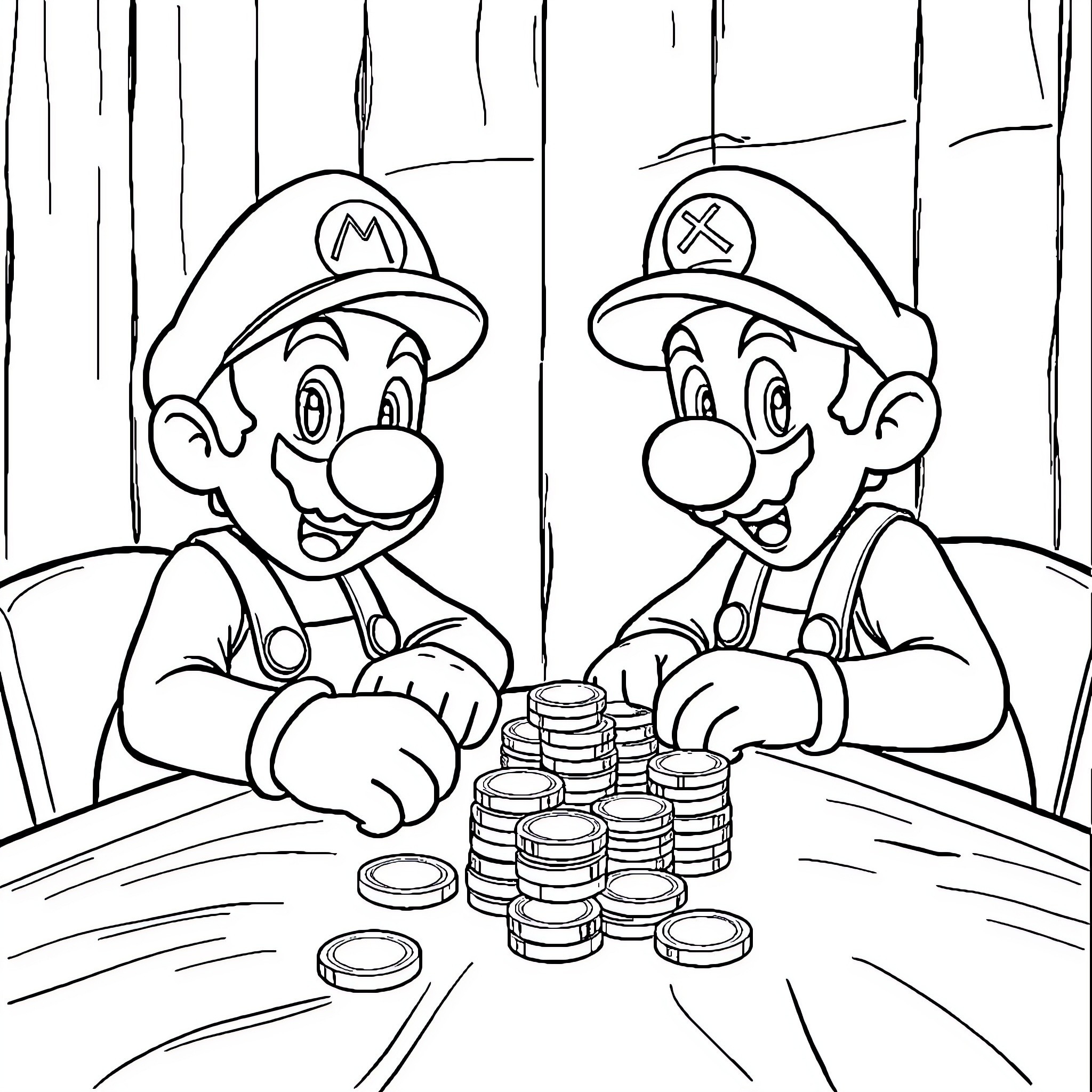 Mario and Luigi play game with coins Coloring Page (free black-and-white line drawing printable PDF for all, from beginners to advanced learners, including children, teens, adults, and seniors)