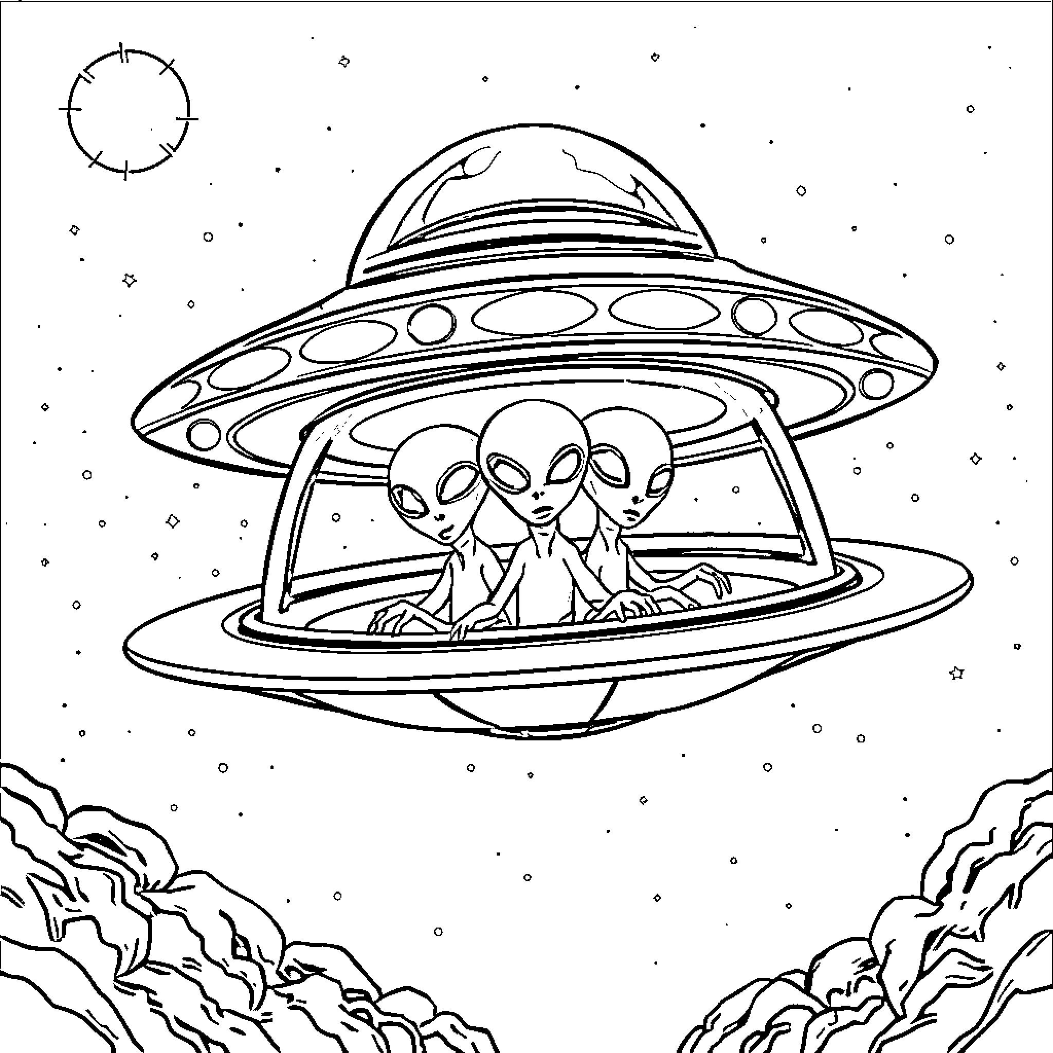Alien UFO Spacecraft with Extraterrestrials Coloring Page (free black-and-white line drawing printable PDF for all, from beginners to advanced learners, including children, teens, adults, and seniors)
