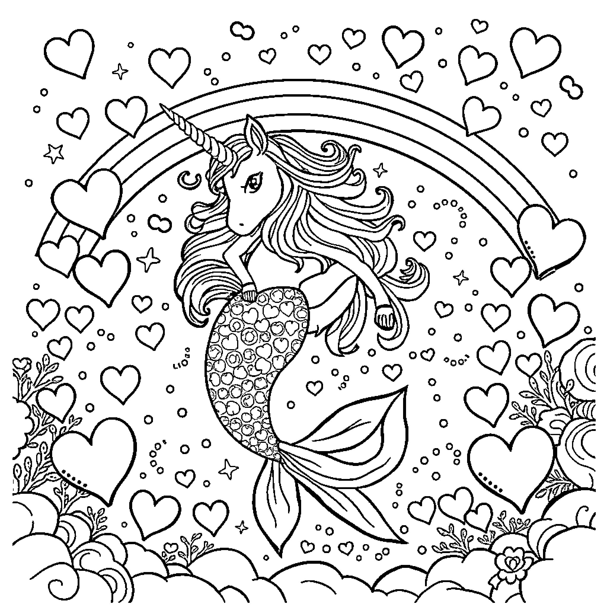 Unicorn mermaid swimming through hearts and stars Coloring Page (free black-and-white line drawing printable PDF for all, from beginners to advanced learners, including children, teens, adults, and seniors)