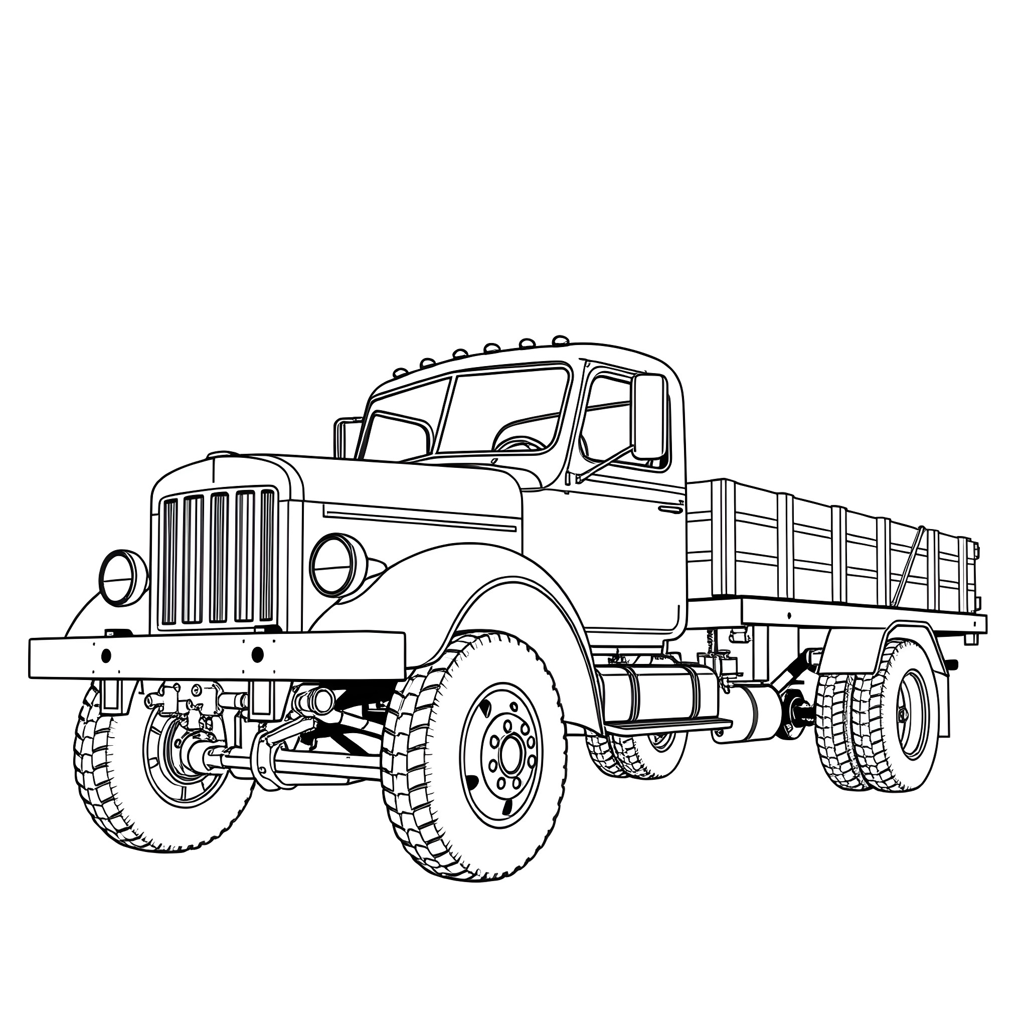 Flatbed Truck Transporting Cargo Coloring Page (free black-and-white line drawing printable PDF for all, from beginners to advanced learners, including children, teens, adults, and seniors)