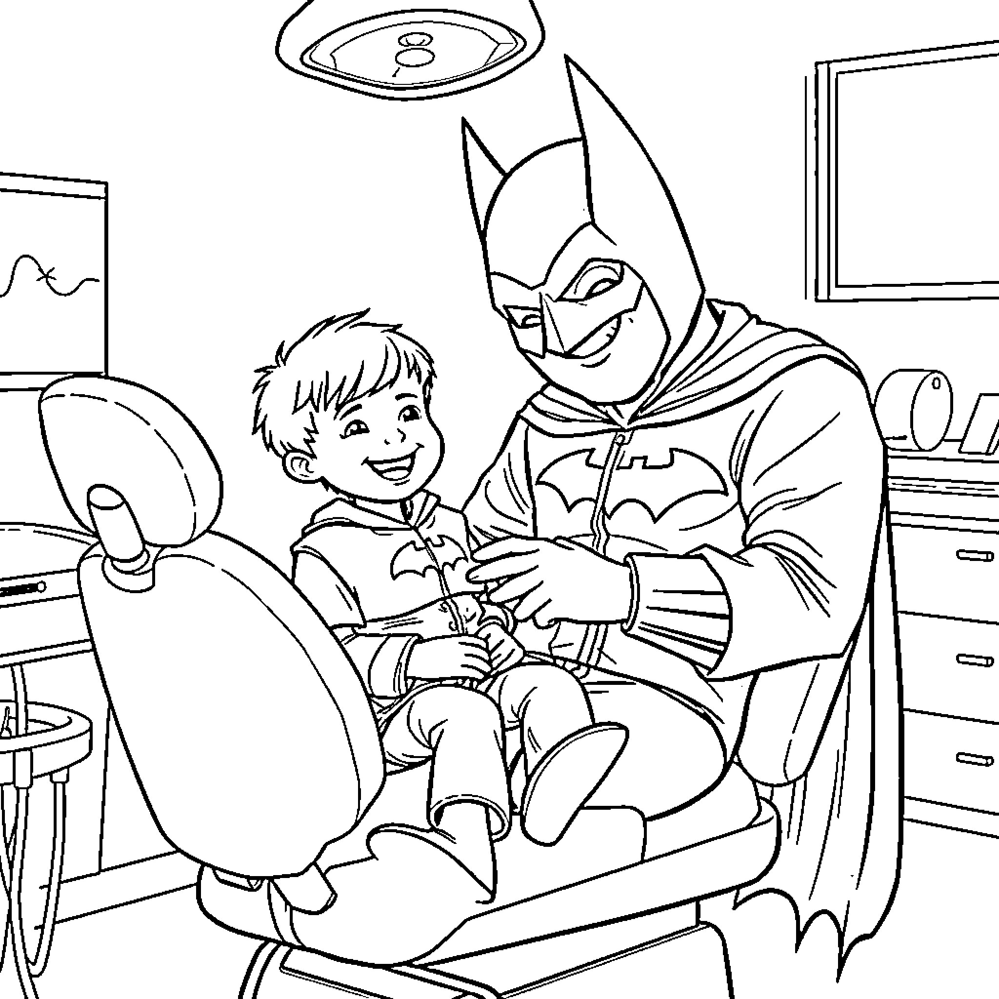 Child Enjoying Time with Superhero Friend Coloring Page (free black-and-white line drawing printable PDF for all, from beginners to advanced learners, including children, teens, adults, and seniors)