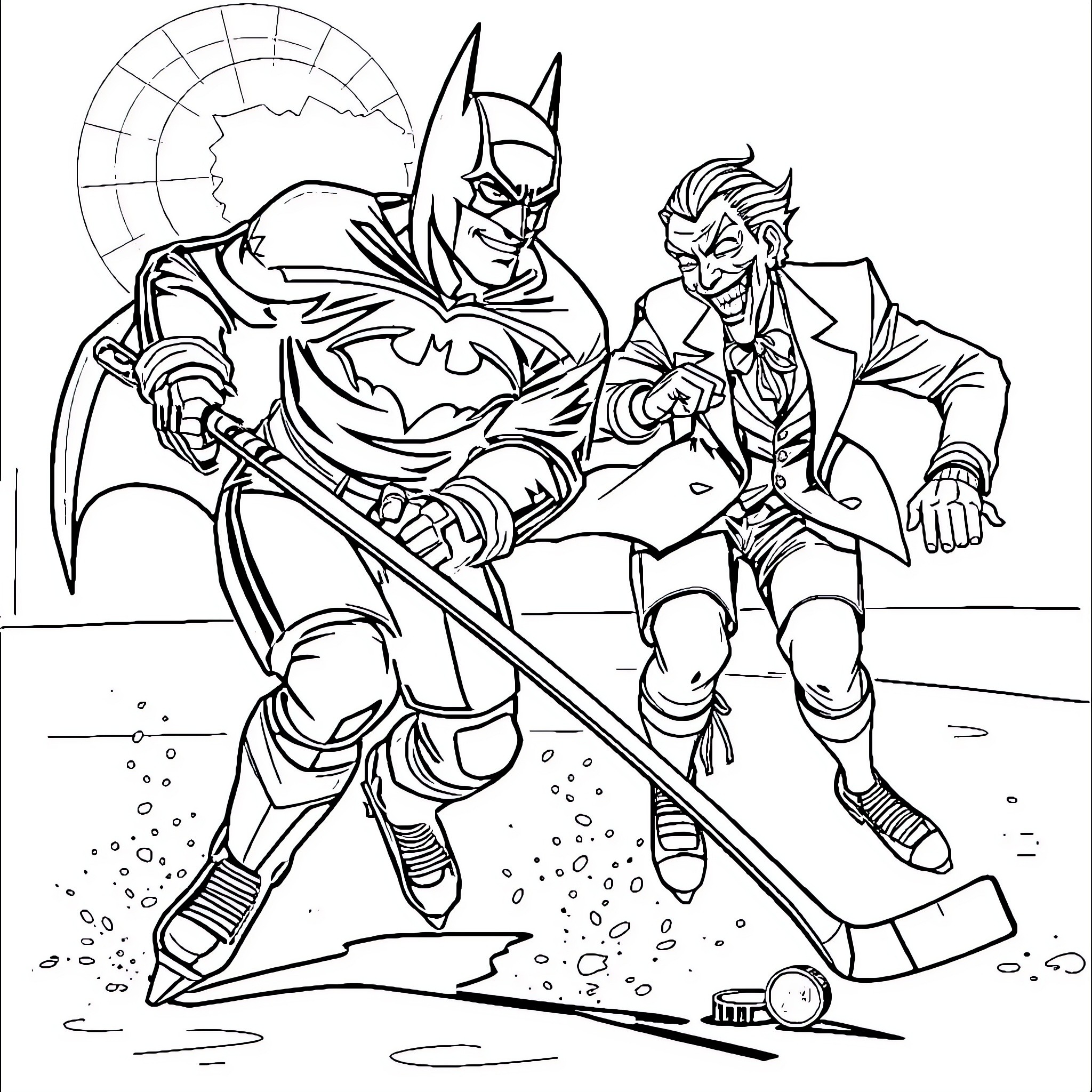 Batman and Joker Engaging in Playful Banter Coloring Page (free black-and-white line drawing printable PDF for all, from beginners to advanced learners, including children, teens, adults, and seniors)