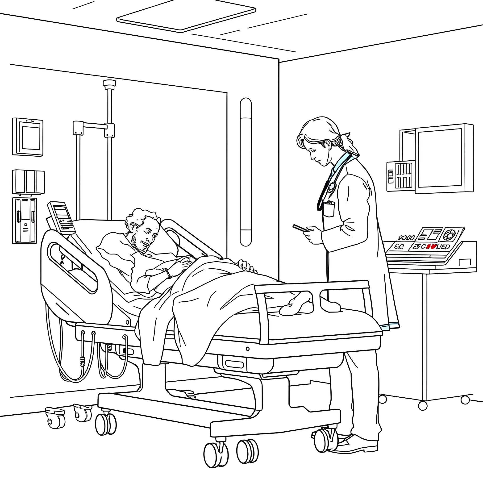 Companion caring for patient in hospital room Coloring Page (free black-and-white line drawing printable PDF for all, from beginners to advanced learners, including children, teens, adults, and seniors)