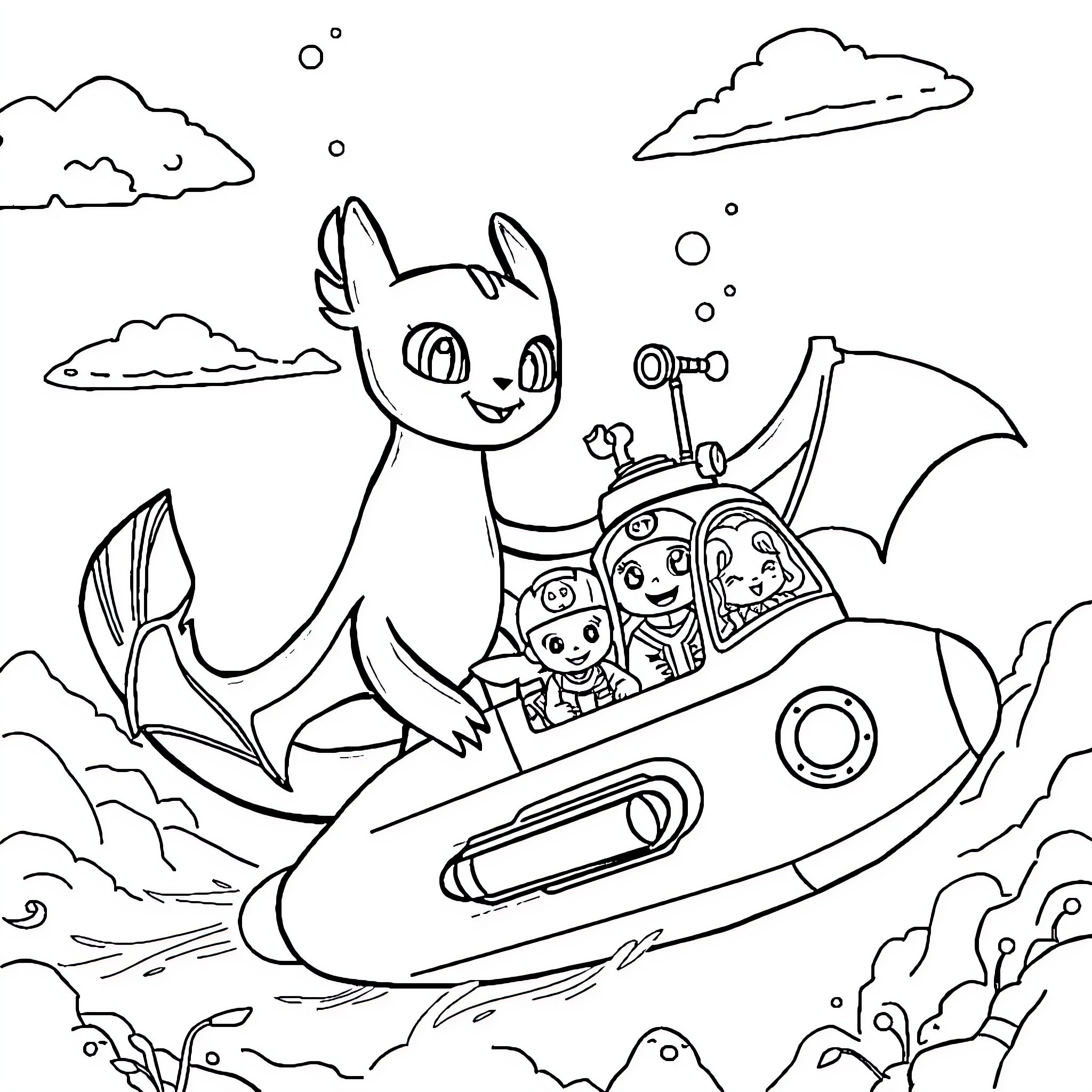 Toothless exploring the skies with friends in a spaceship Coloring Page (free black-and-white line drawing printable PDF for all, from beginners to advanced learners, including children, teens, adults, and seniors)