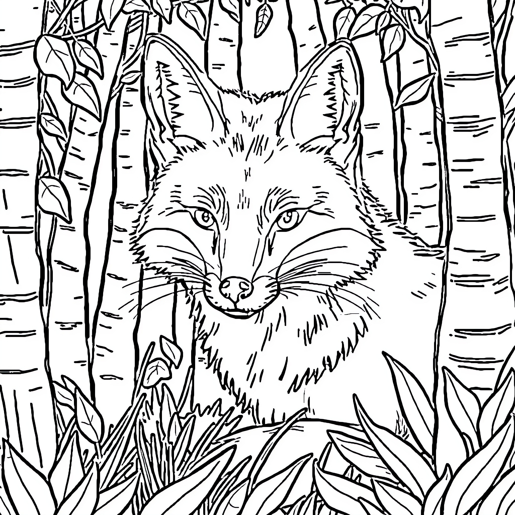 Fox prowling cautiously in the forest Coloring Page (free black-and-white line drawing printable PDF for all, from beginners to advanced learners, including children, teens, adults, and seniors)