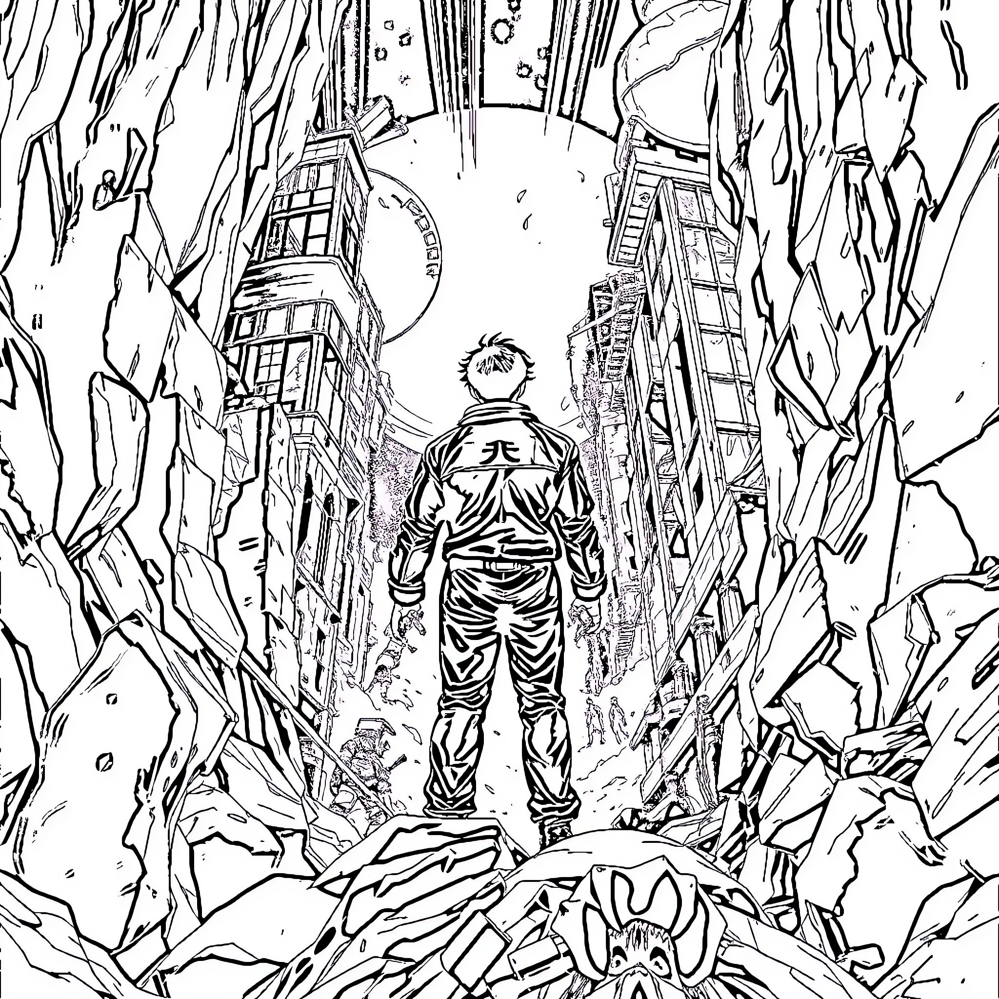 Akira's Futuristic Cityscape Adventure Coloring Page (free black-and-white line drawing printable PDF for all, from beginners to advanced learners, including children, teens, adults, and seniors)