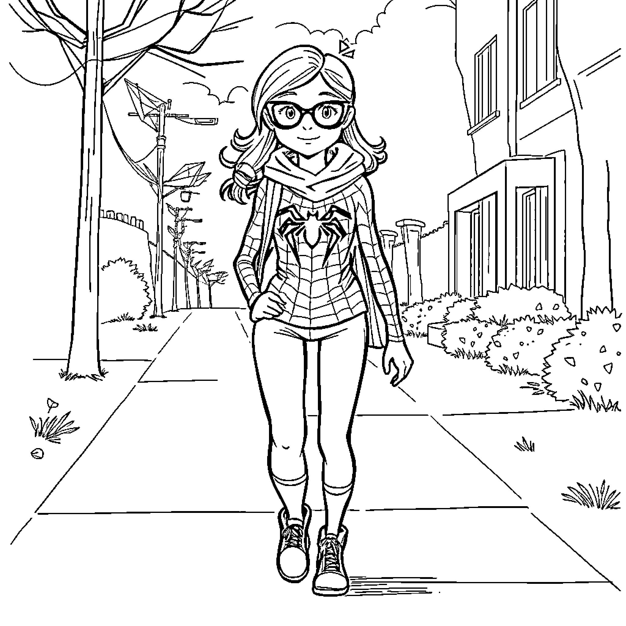 Girl in Spider-themed Outfit Exploring Outdoors Coloring Page (free black-and-white line drawing printable PDF for all, from beginners to advanced learners, including children, teens, adults, and seniors)