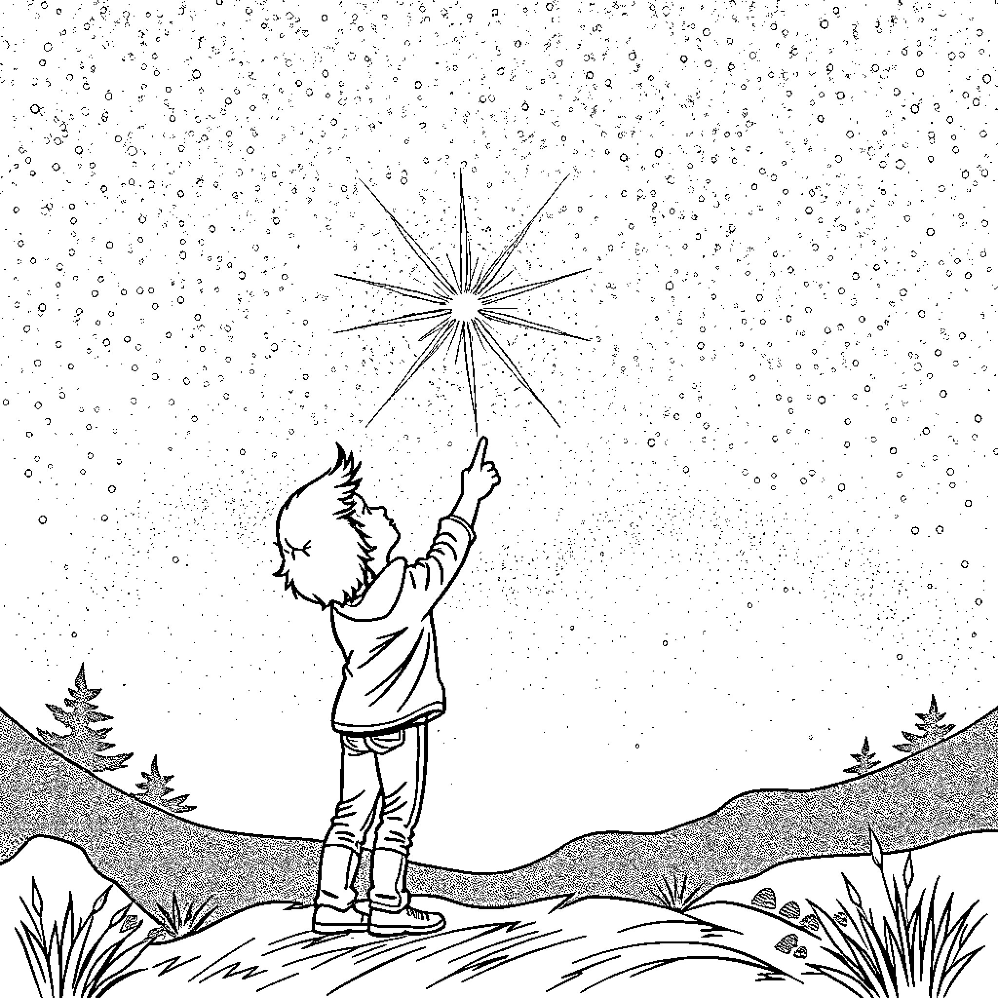 Constellation of a person gazing at the night sky Coloring Page (free black-and-white line drawing printable PDF for all, from beginners to advanced learners, including children, teens, adults, and seniors)