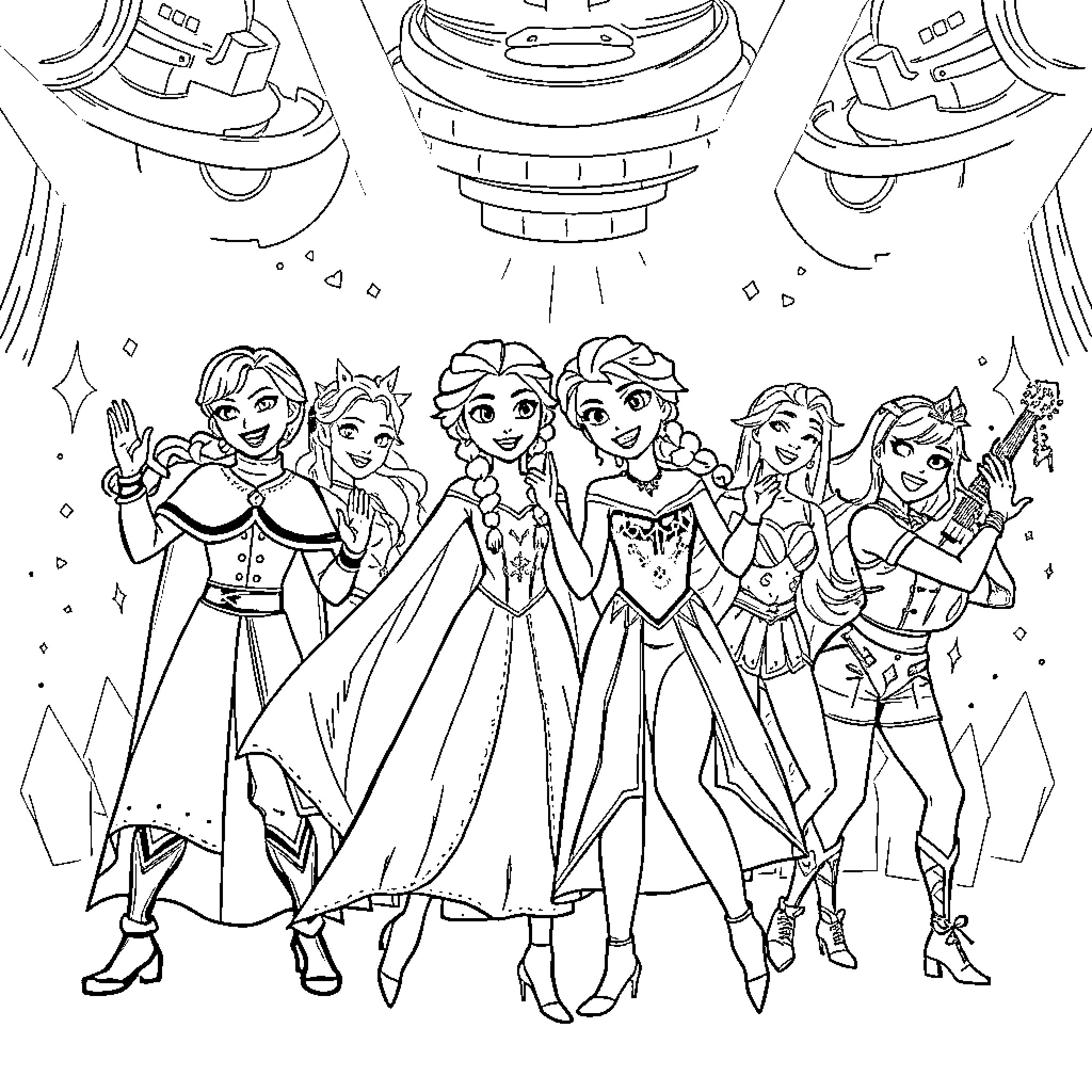 Kpop Princesses Showcasing Their Vibrant Styles Coloring Page (free black-and-white line drawing printable PDF for all, from beginners to advanced learners, including children, teens, adults, and seniors)