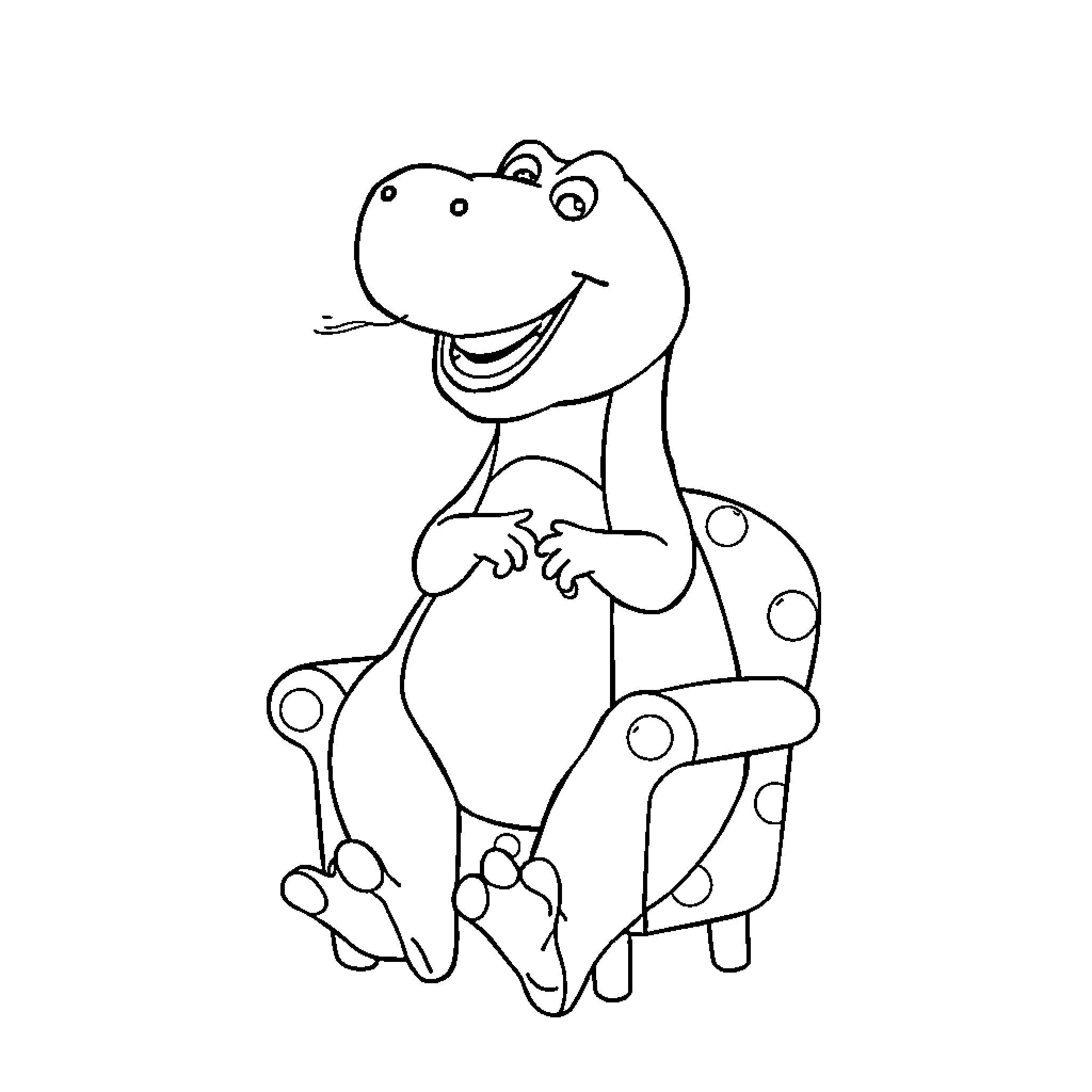 Barney the Friendly Dinosaur Smiling Happily Coloring Page (free black-and-white line drawing printable PDF for all, from beginners to advanced learners, including children, teens, adults, and seniors)