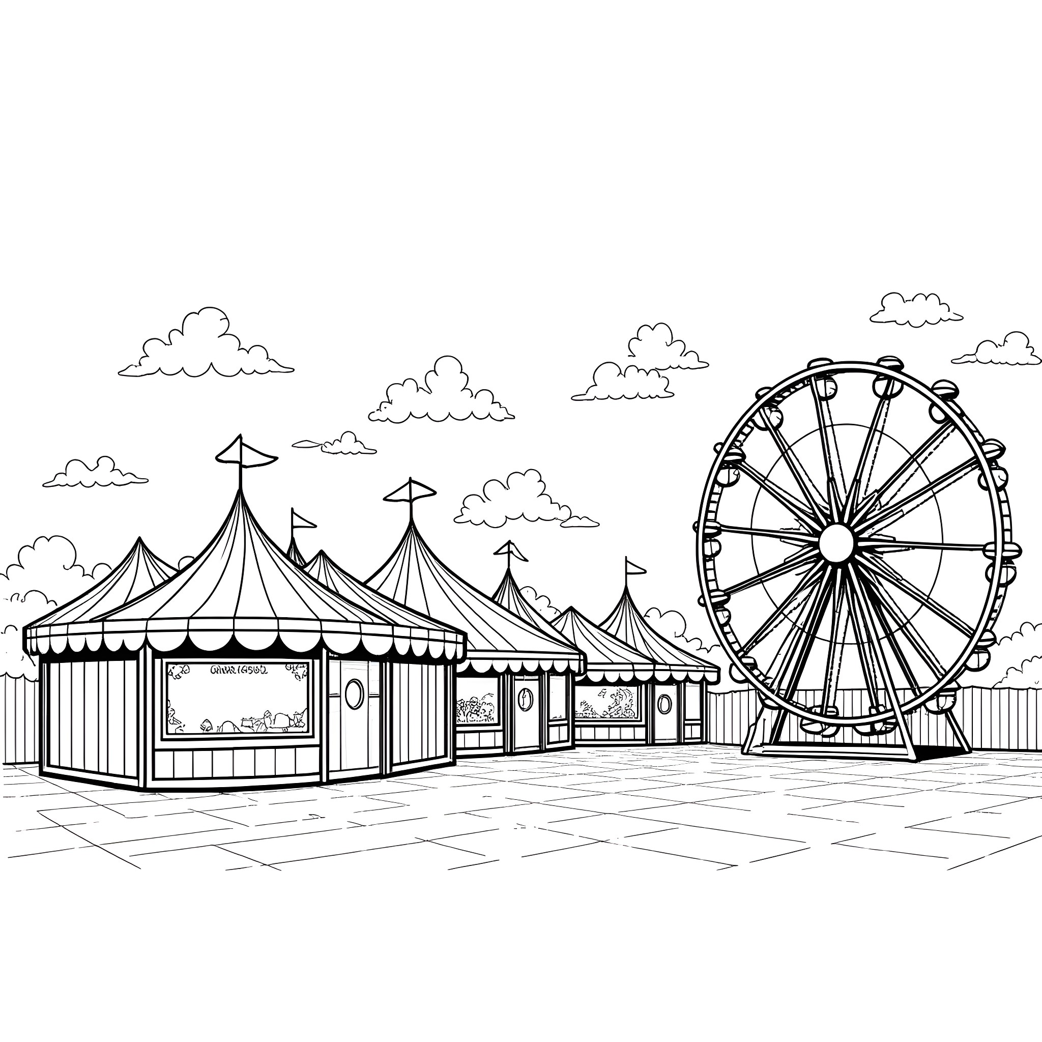 Carnival with Ferris Wheel and Tents Coloring Page (free black-and-white line drawing printable PDF for all, from beginners to advanced learners, including children, teens, adults, and seniors)