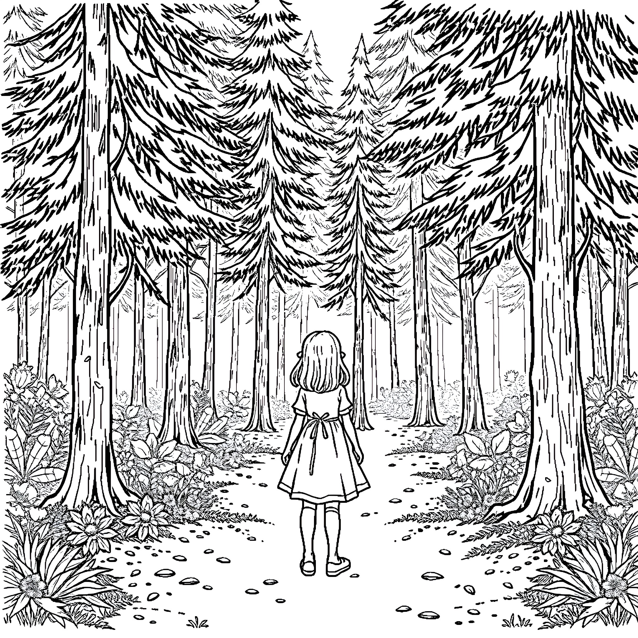 Girl exploring the enchanted forest Coloring Page (free black-and-white line drawing printable PDF for all, from beginners to advanced learners, including children, teens, adults, and seniors)