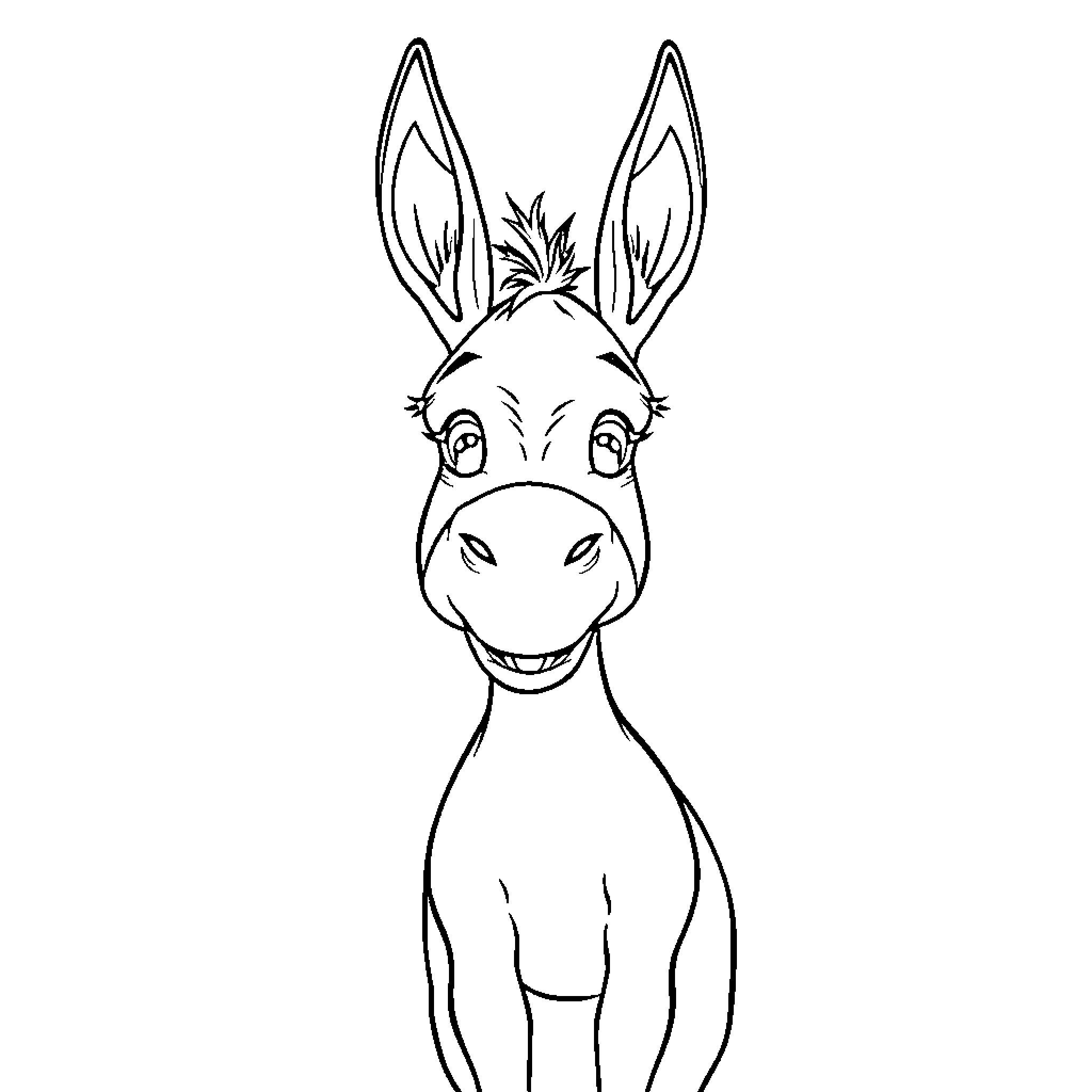Donkey with a Friendly Grin Coloring Page (free black-and-white line drawing printable PDF for all, from beginners to advanced learners, including children, teens, adults, and seniors)