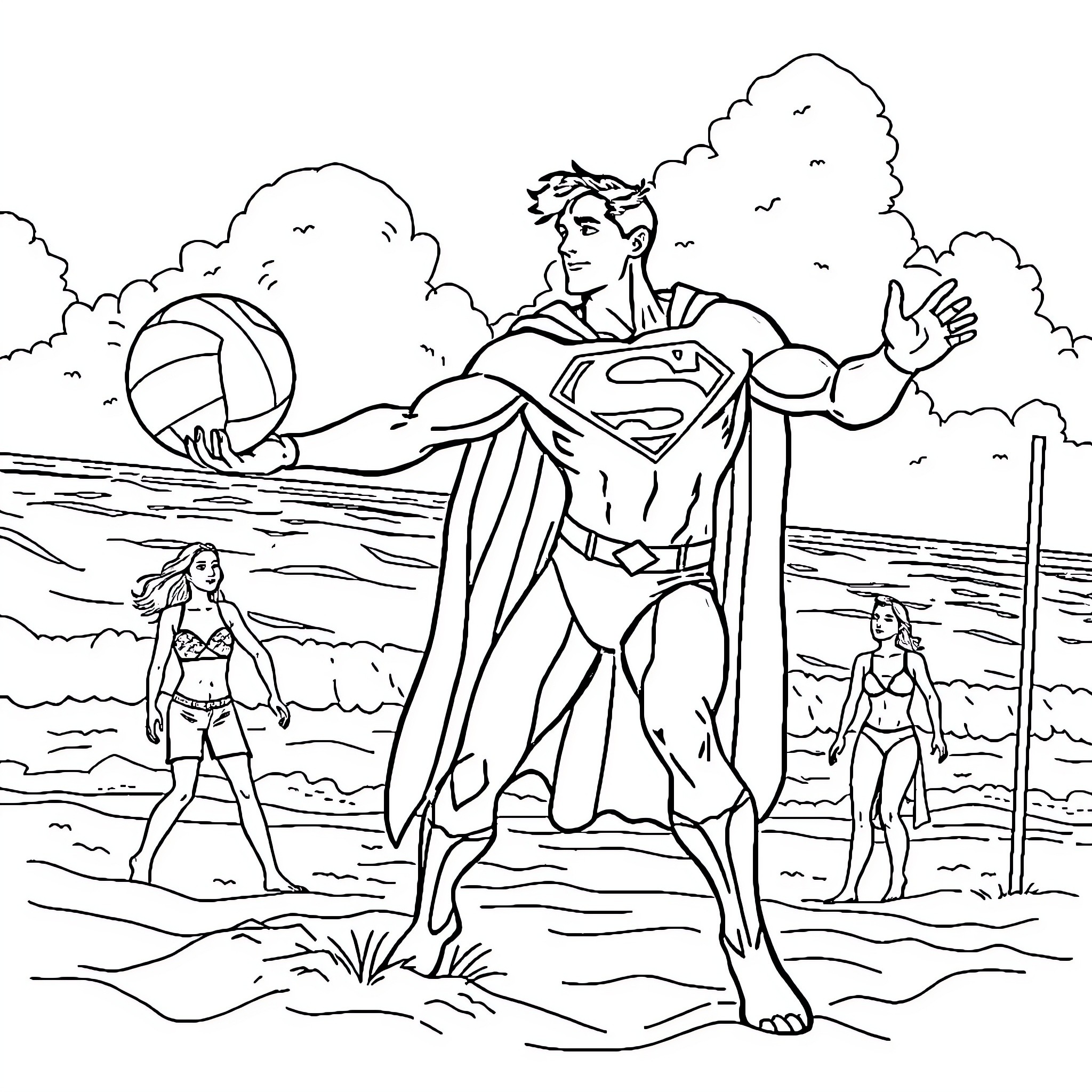 Superman's heroic presence on the beach Coloring Page (free black-and-white line drawing printable PDF for all, from beginners to advanced learners, including children, teens, adults, and seniors)