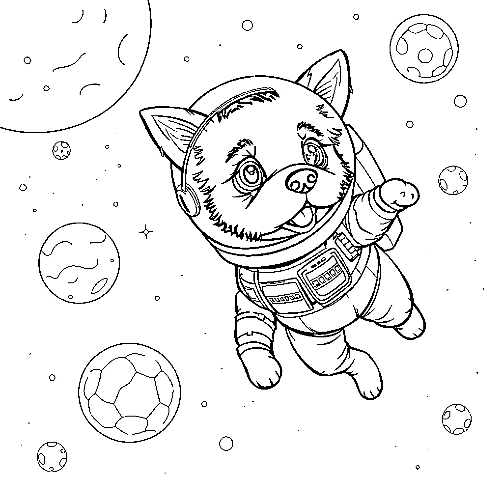 Dog Astronaut Exploring Outer Space Coloring Page (free black-and-white line drawing printable PDF for all, from beginners to advanced learners, including children, teens, adults, and seniors)