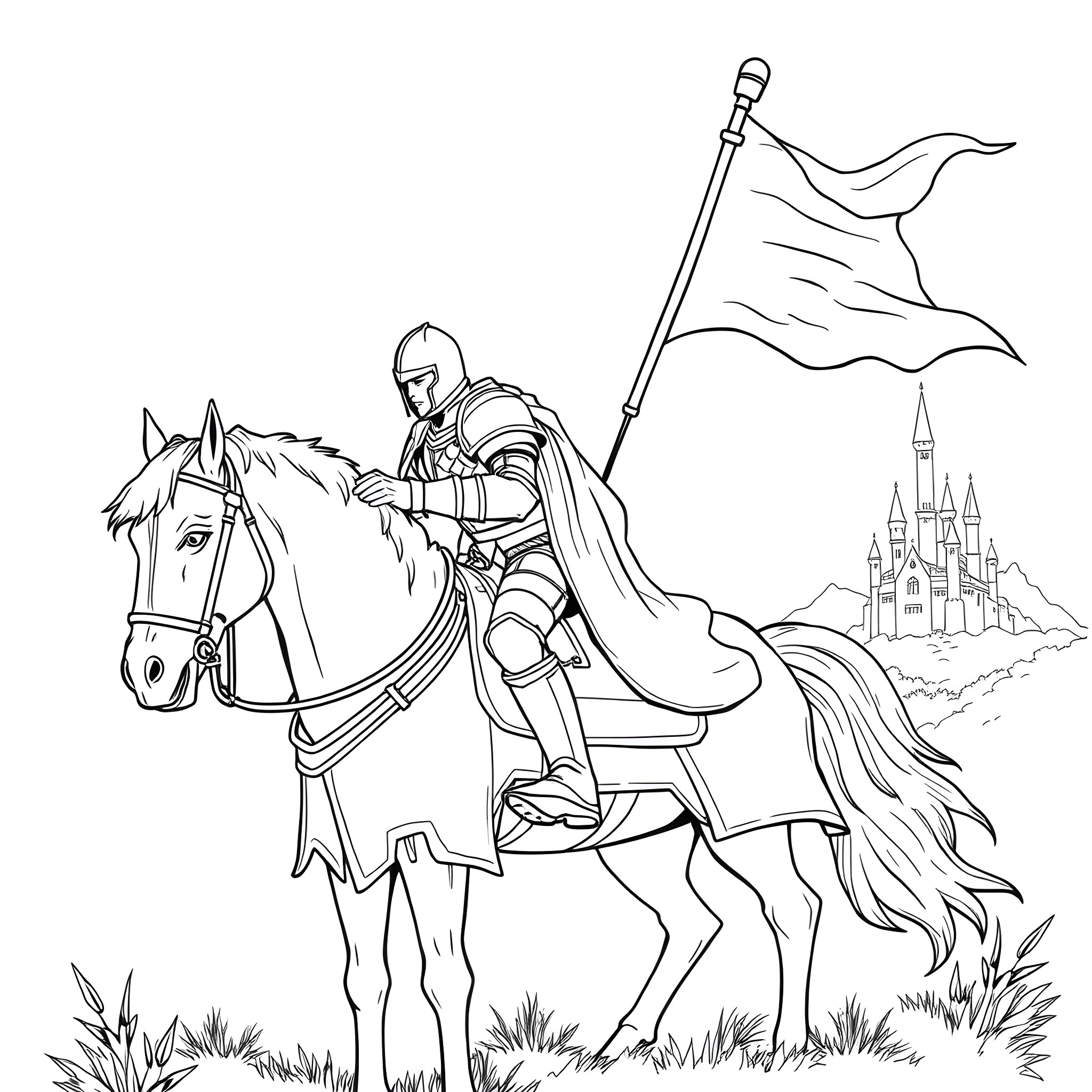 Knight on Horseback with Banner in Landscape Coloring Page (free black-and-white line drawing printable PDF for all, from beginners to advanced learners, including children, teens, adults, and seniors)