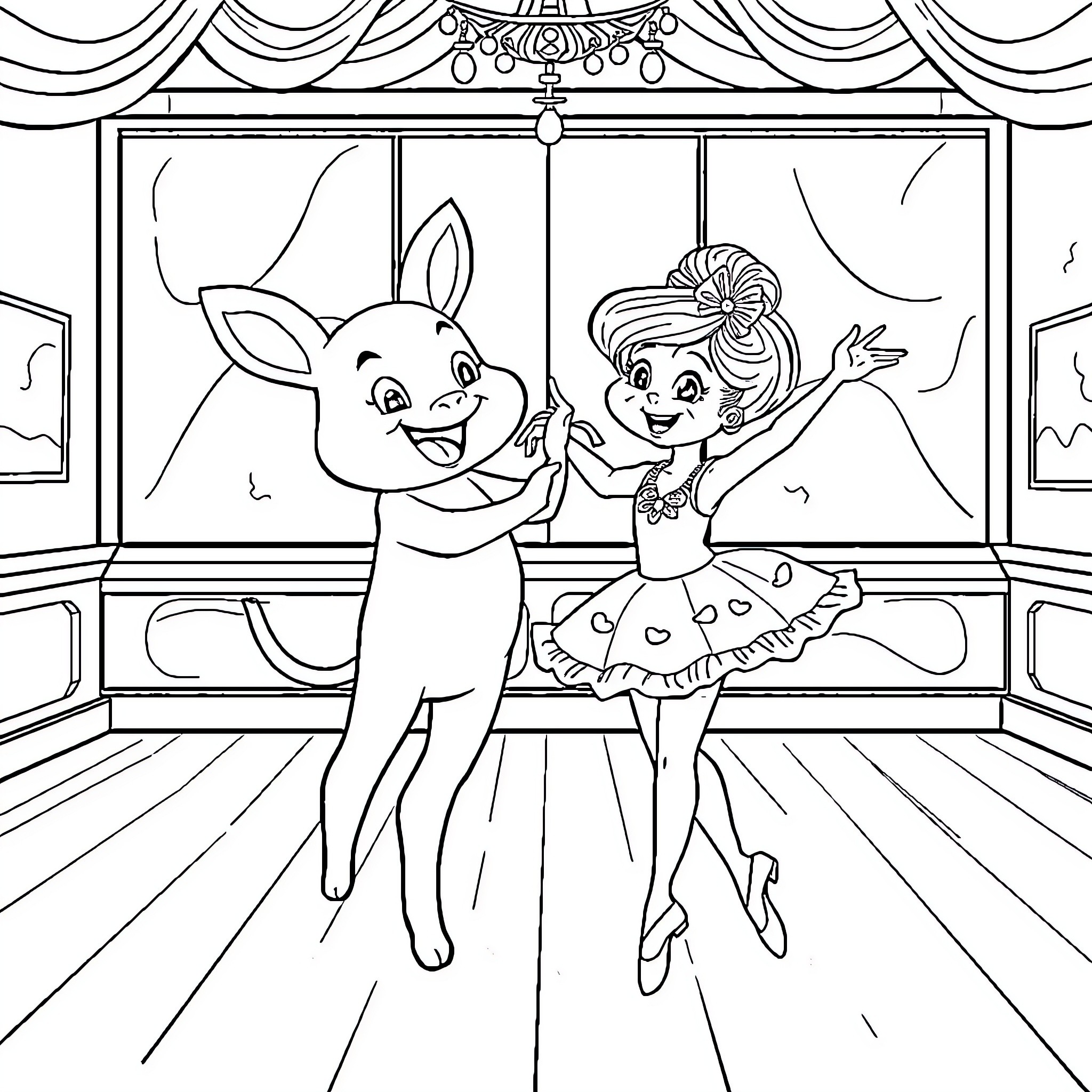 Labubu's Playful Stage Performance Coloring Page (free black-and-white line drawing printable PDF for all, from beginners to advanced learners, including children, teens, adults, and seniors)