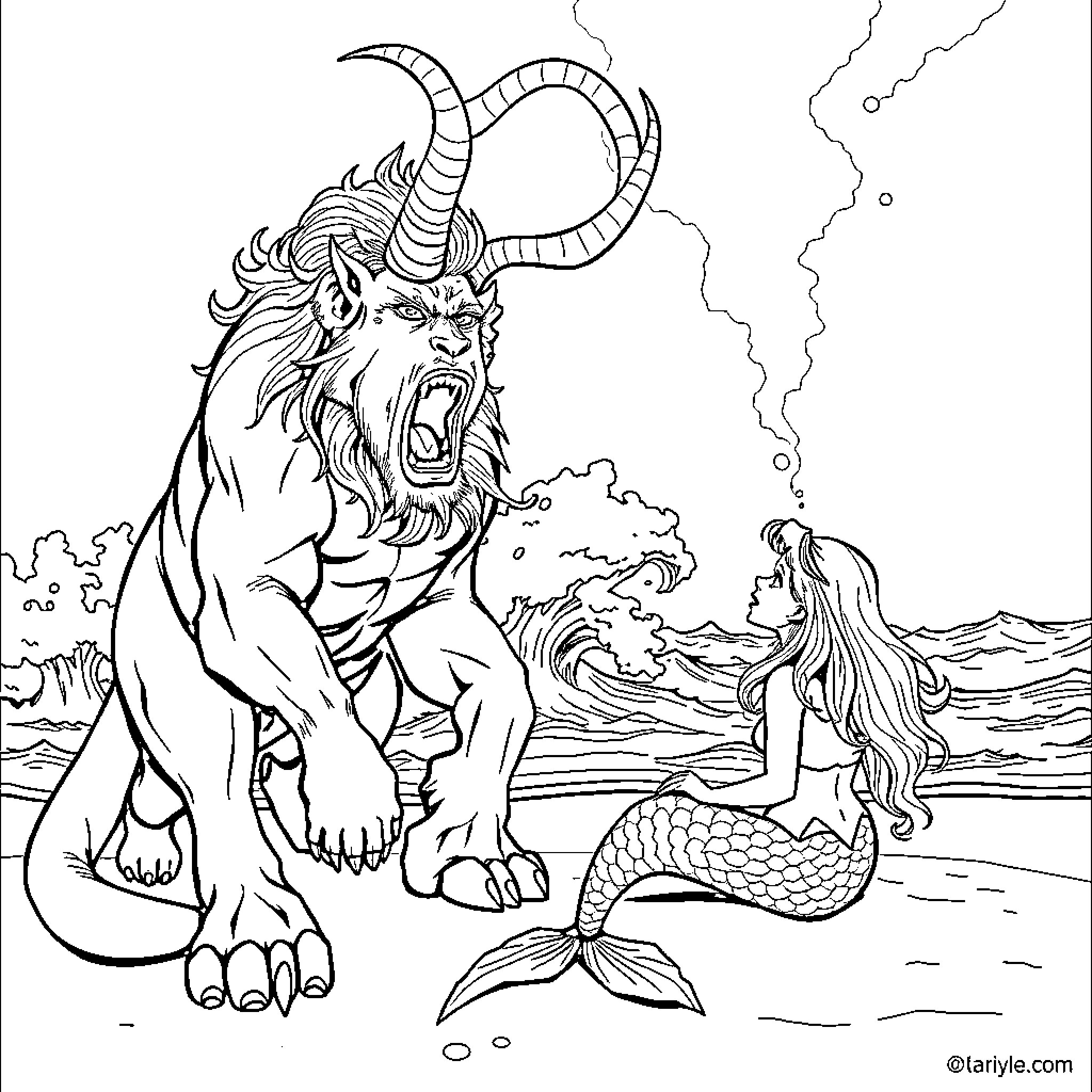 Centaur creature interacting with mermaid on beach Coloring Page (free black-and-white line drawing printable PDF for all, from beginners to advanced learners, including children, teens, adults, and seniors)