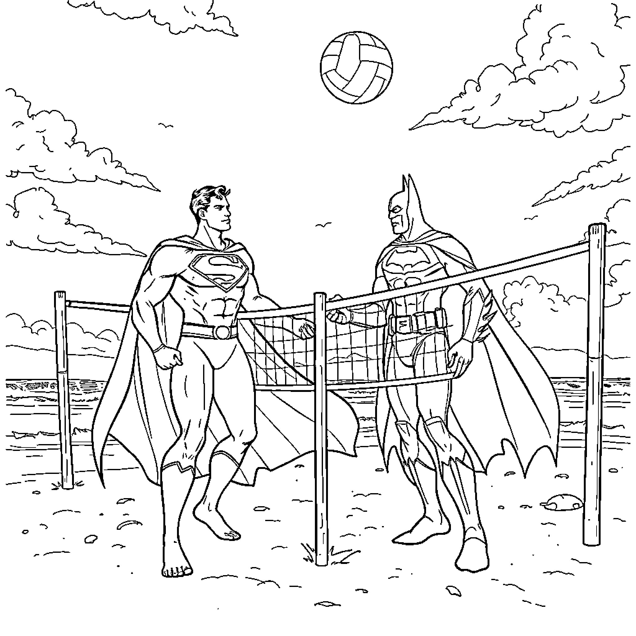 Superman and Batman Playing Volleyball on Beach Coloring Page (free black-and-white line drawing printable PDF for all, from beginners to advanced learners, including children, teens, adults, and seniors)
