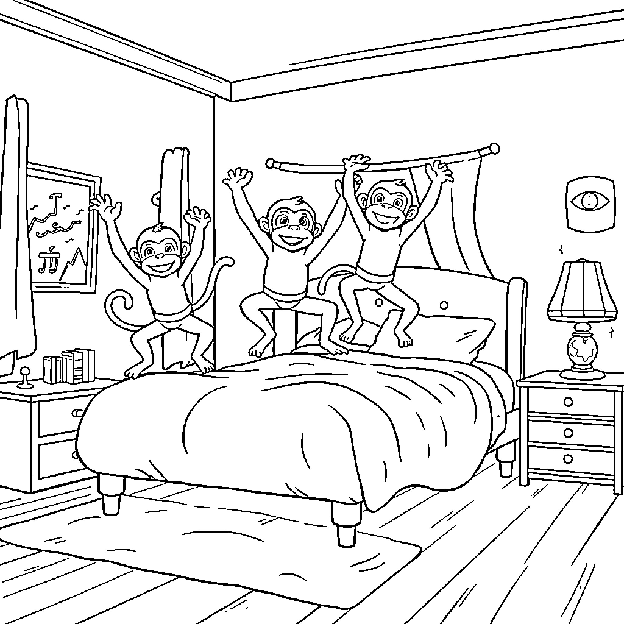 Ninja Monkeys Jumping on the Bed Coloring Page (free black-and-white line drawing printable PDF for all, from beginners to advanced learners, including children, teens, adults, and seniors)