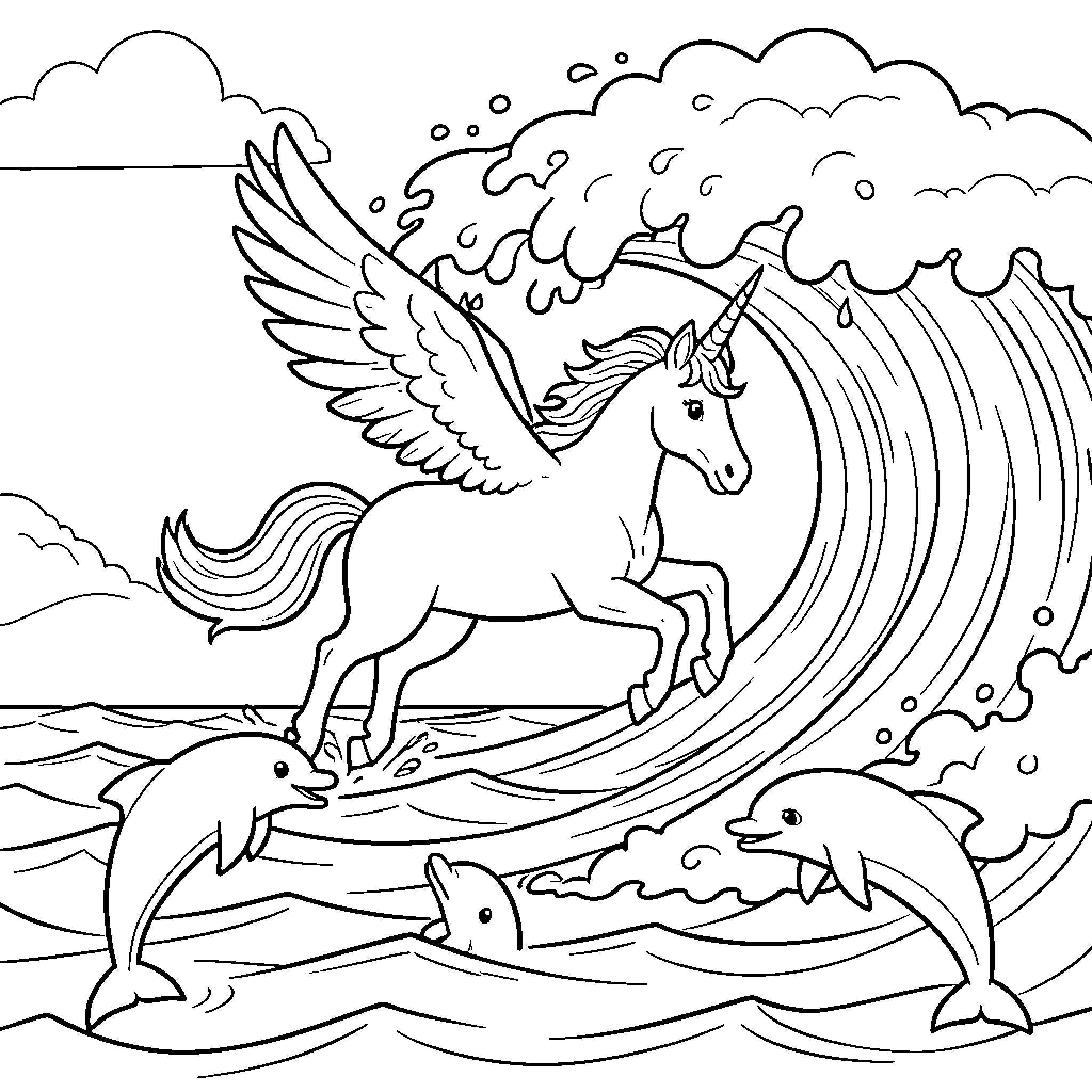 Unicorn flying over waves alongside jumping dolphins Coloring Page (free black-and-white line drawing printable PDF for all, from beginners to advanced learners, including children, teens, adults, and seniors)