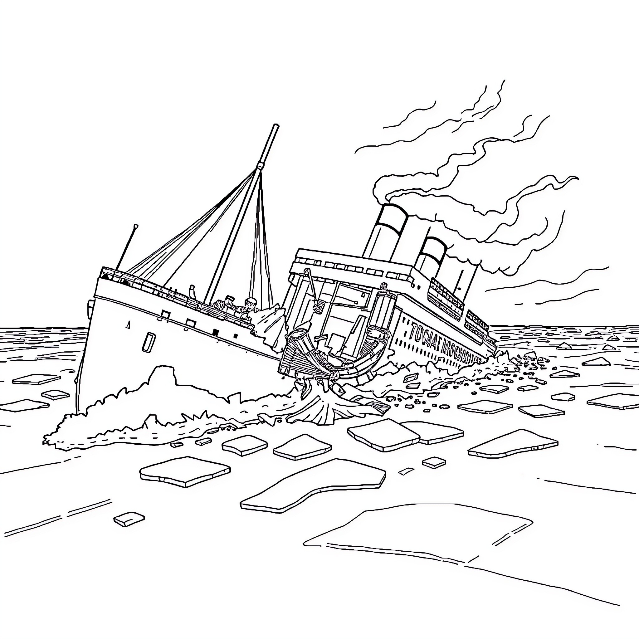 Titanic shipwreck scene with debris and waves Coloring Page (free black-and-white line drawing printable PDF for all, from beginners to advanced learners, including children, teens, adults, and seniors)