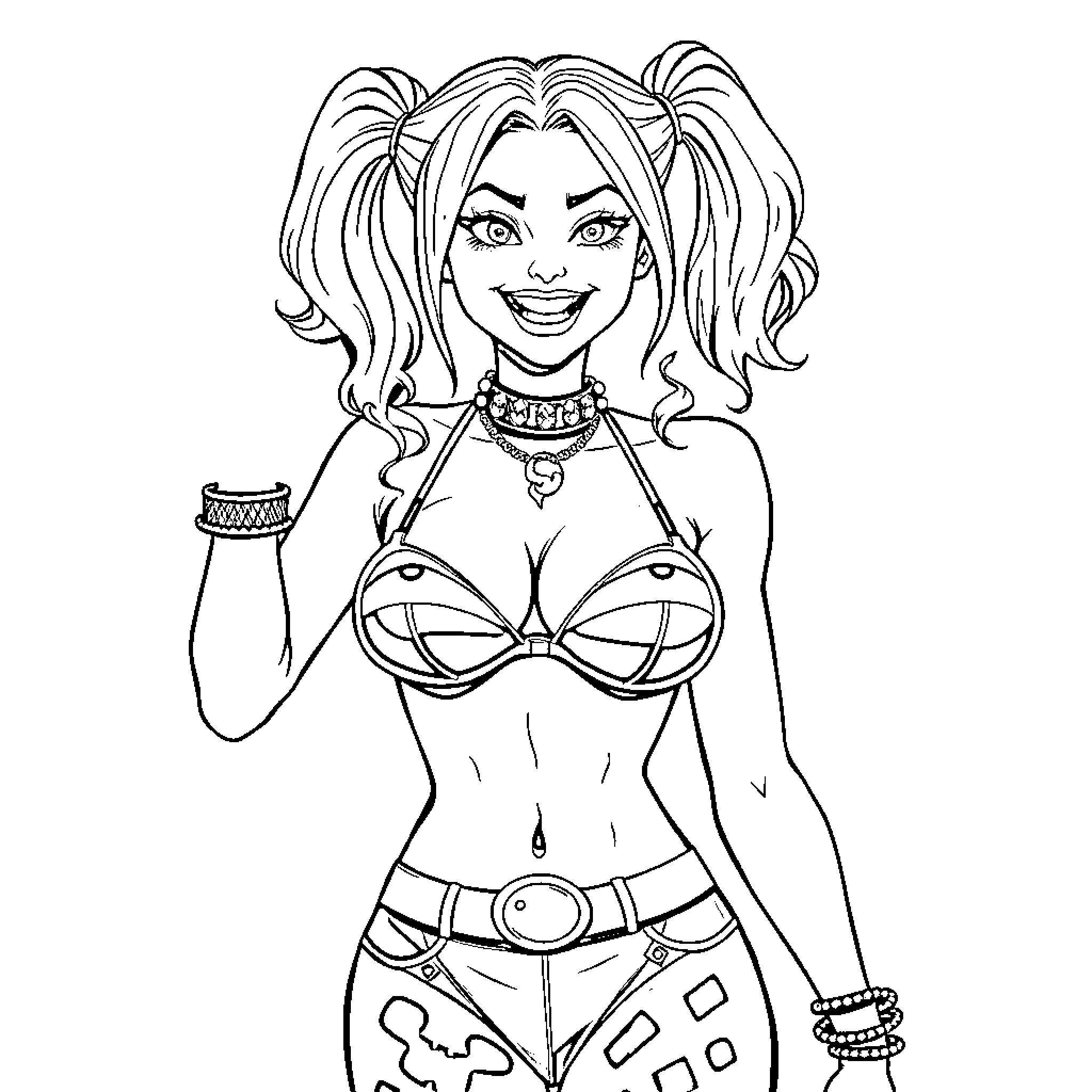 Harley Quinn posing confidently in her signature outfit Coloring Page (free black-and-white line drawing printable PDF for all, from beginners to advanced learners, including children, teens, adults, and seniors)