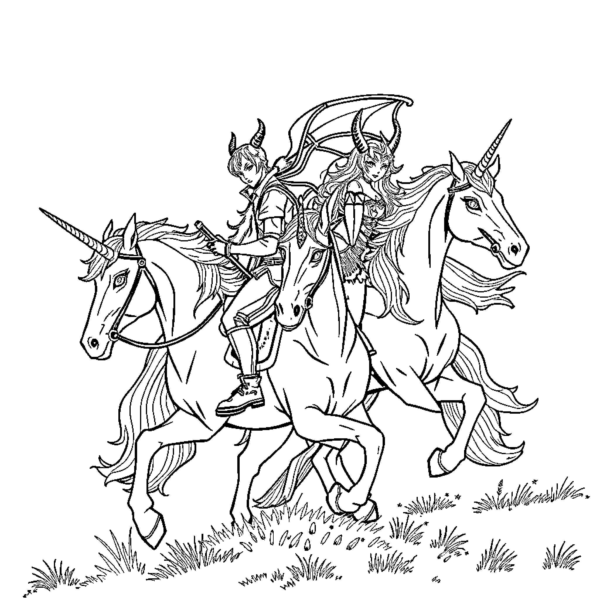 Demon Hunters Riding Unicorns Into Battle Coloring Page (free black-and-white line drawing printable PDF for all, from beginners to advanced learners, including children, teens, adults, and seniors)