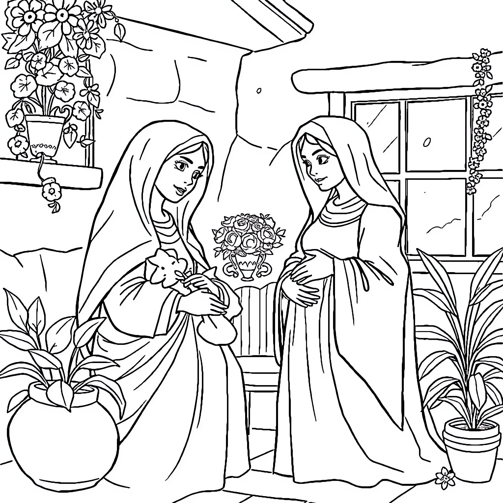 Maria and her friend admiring flowers in the garden Coloring Page (free black-and-white line drawing printable PDF for all, from beginners to advanced learners, including children, teens, adults, and seniors)