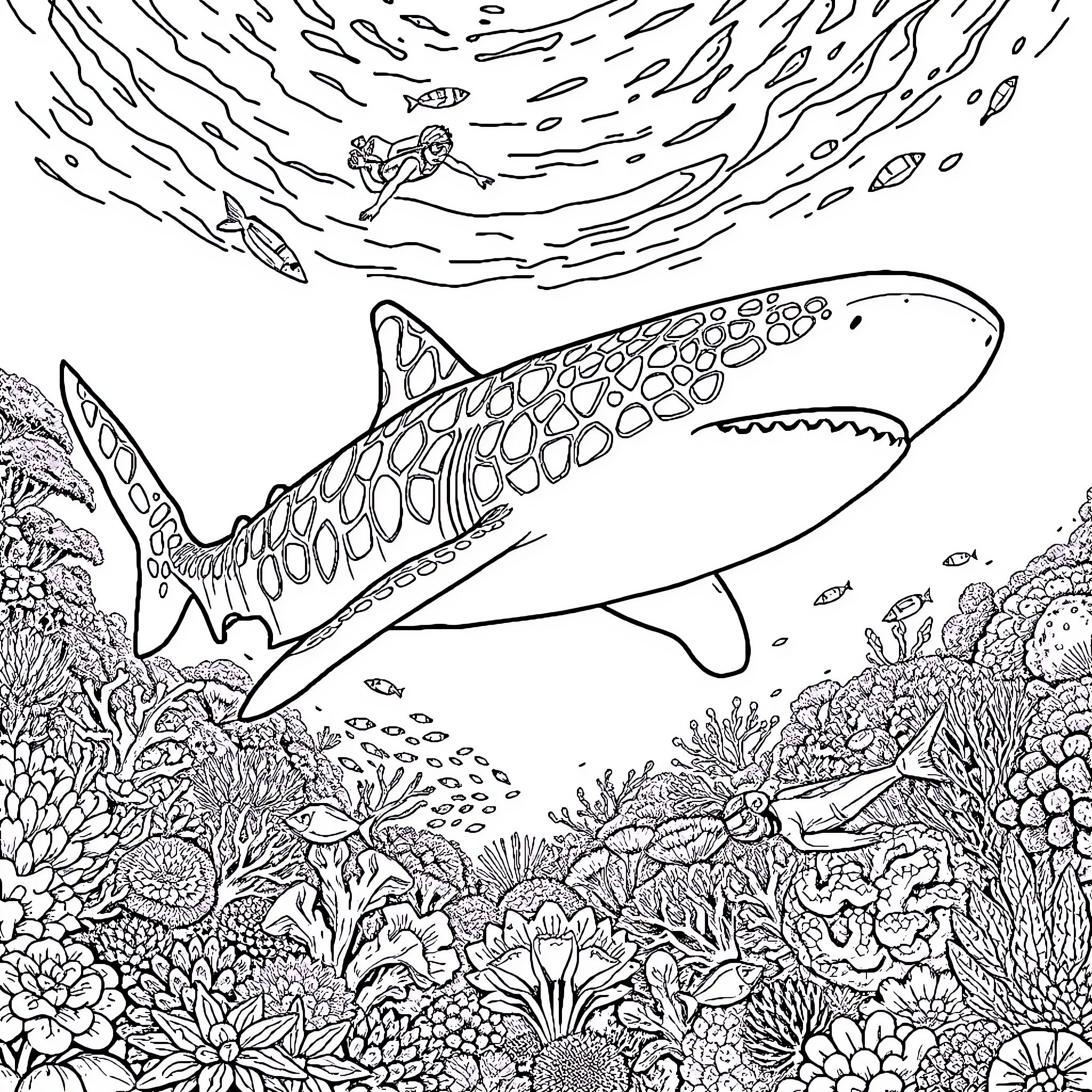 Whaleshark swims among vibrant underwater flora and fauna Coloring Page (free black-and-white line drawing printable PDF for all, from beginners to advanced learners, including children, teens, adults, and seniors)
